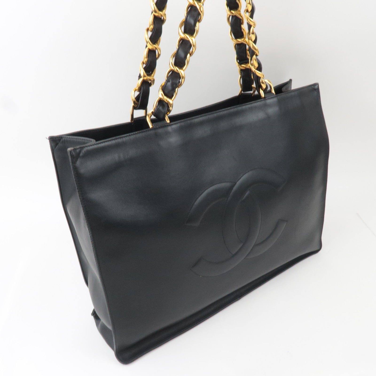 CHANEL Big Coco Mark Chain Tote Bag Lambskin Black Gold HDW