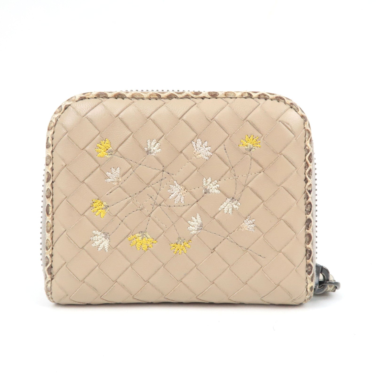 BOTTEGA VENETA Intrecciato Leather Flower Embroidered Coin Case Beige