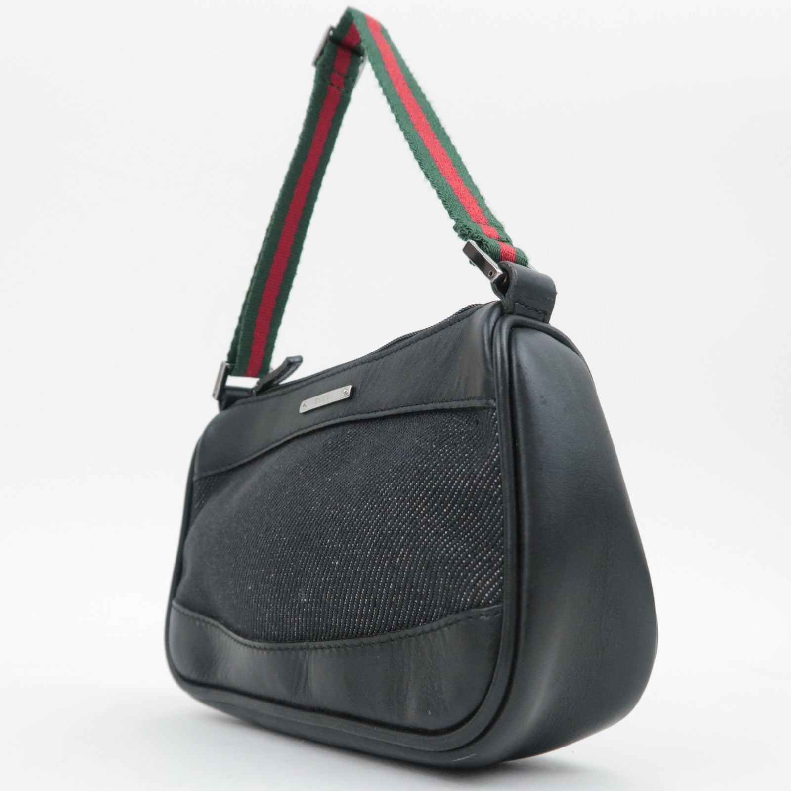 GUCCI Sherry Denim Leather Handbag Black 92821