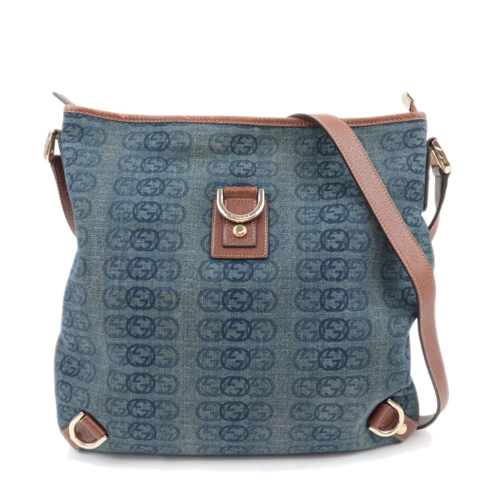 GUCCI Abby Interlocking G Denim Leather Shoulder Bag Blue Brown 13132689603