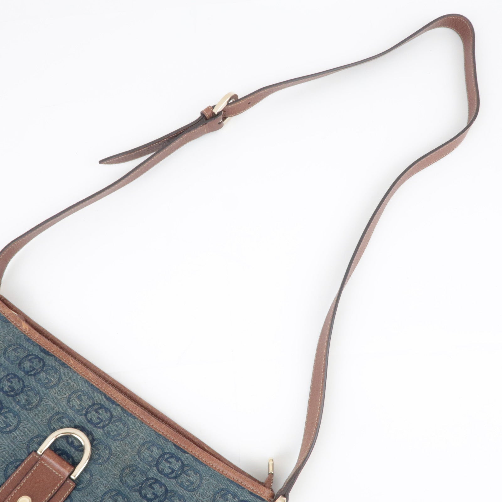 GUCCI Abby Interlocking G Denim Leather Shoulder Bag Blue Brown 131326