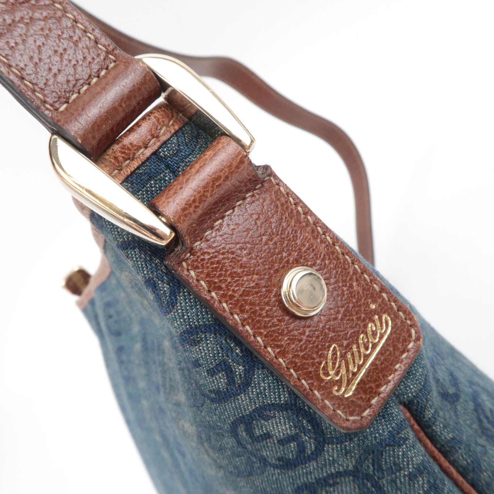 GUCCI Abby Interlocking G Denim Leather Shoulder Bag Blue Brown 131326