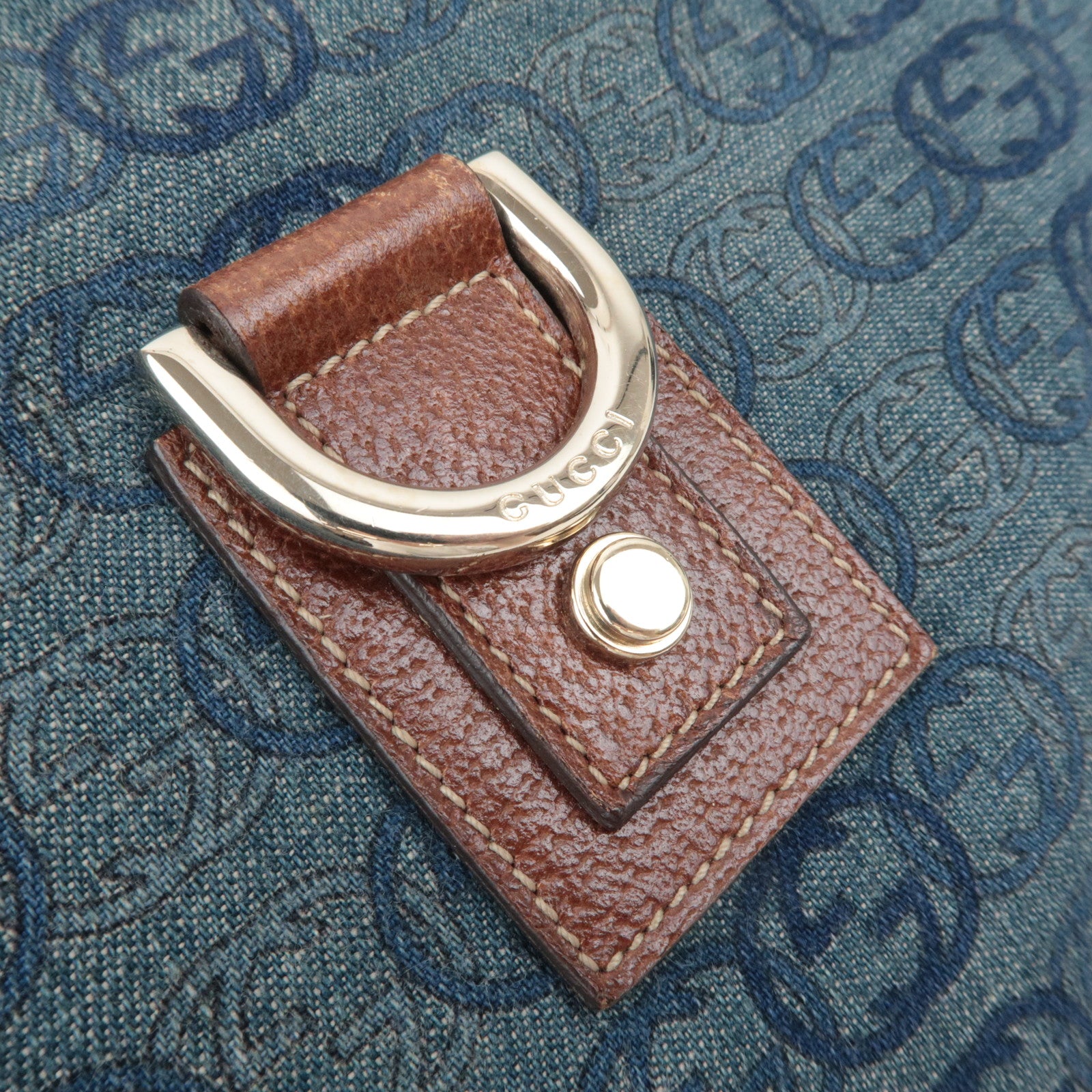 GUCCI Abby Interlocking G Denim Leather Shoulder Bag Blue Brown 131326