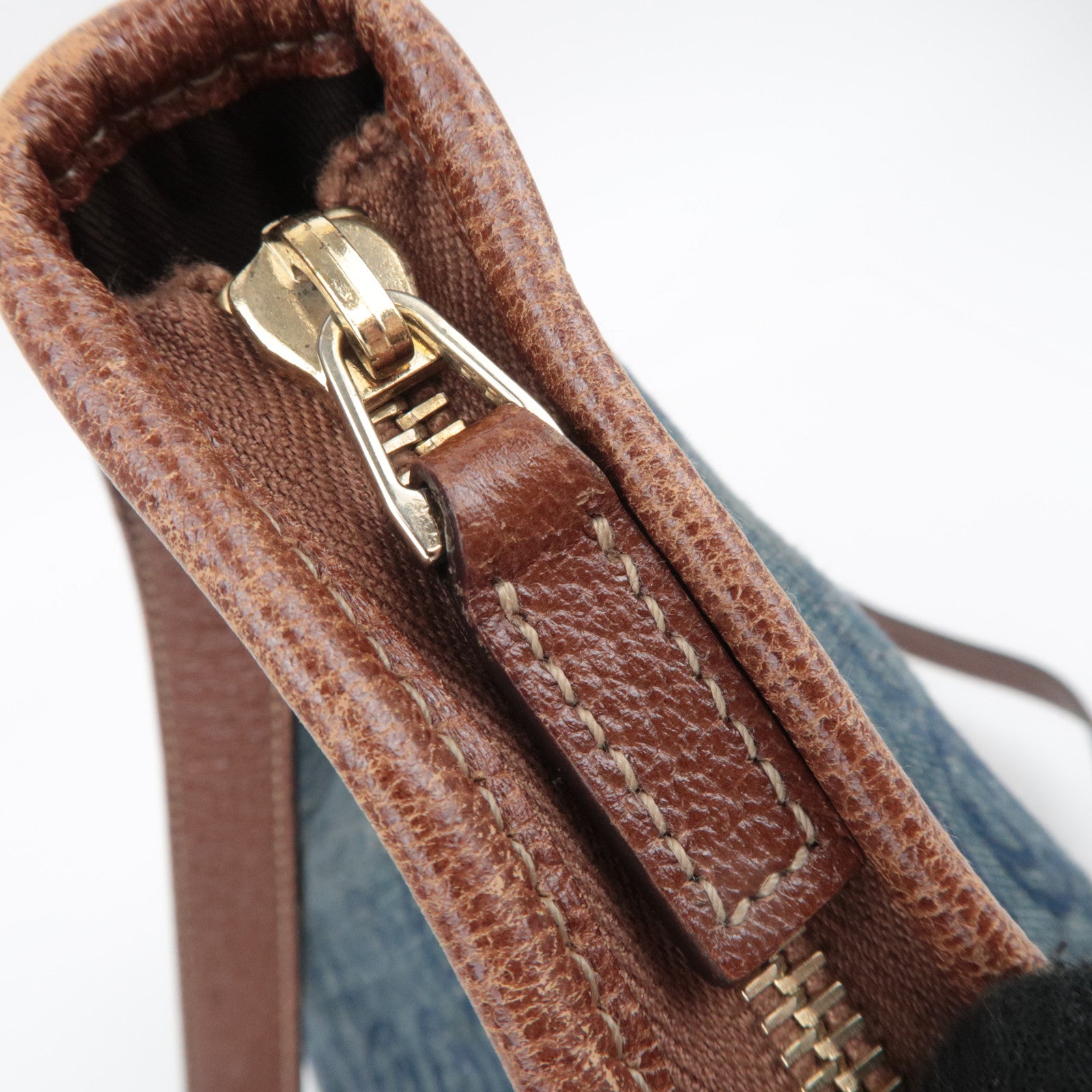 GUCCI Abby Interlocking G Denim Leather Shoulder Bag Blue Brown 131326
