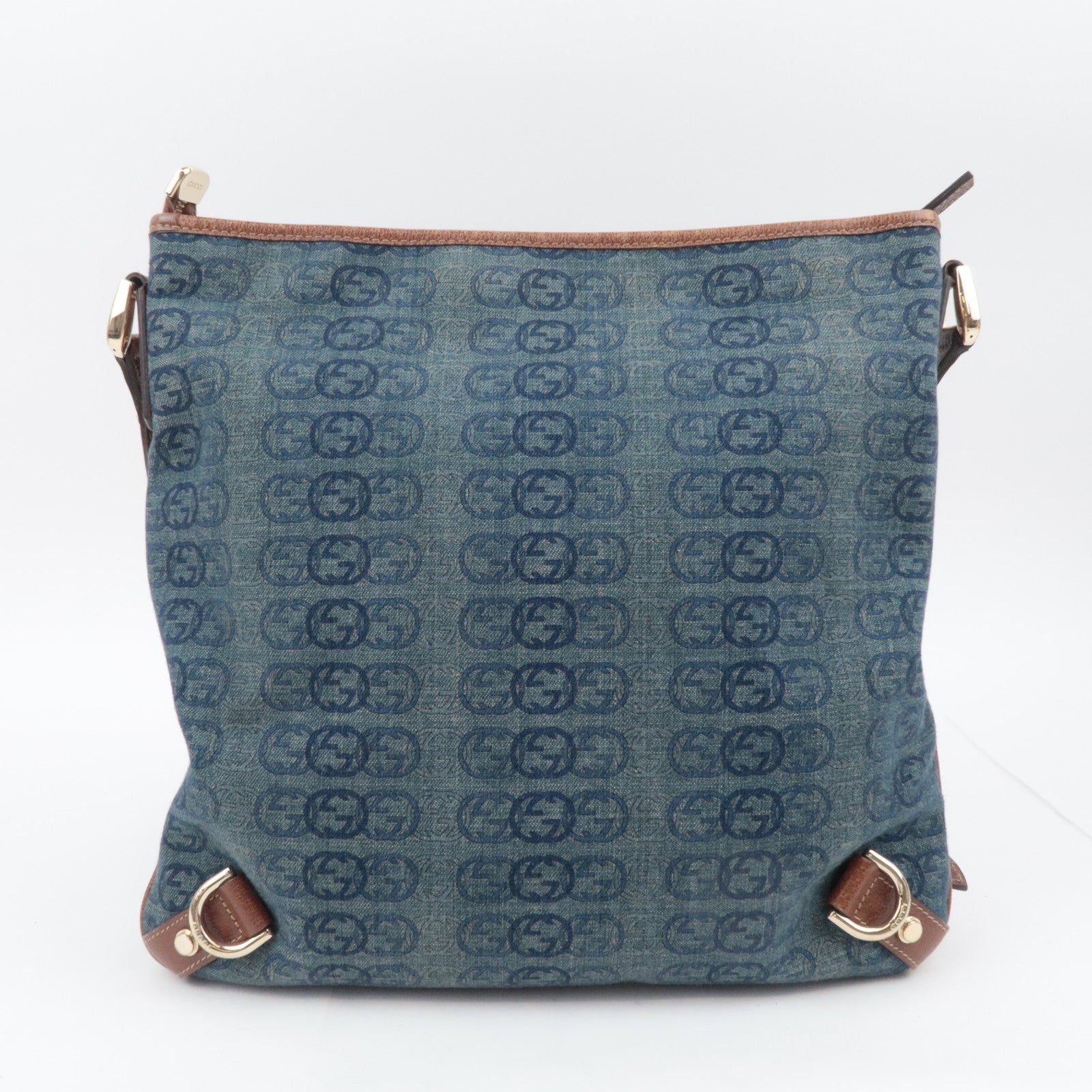 GUCCI Abby Interlocking G Denim Leather Shoulder Bag Blue Brown 131326