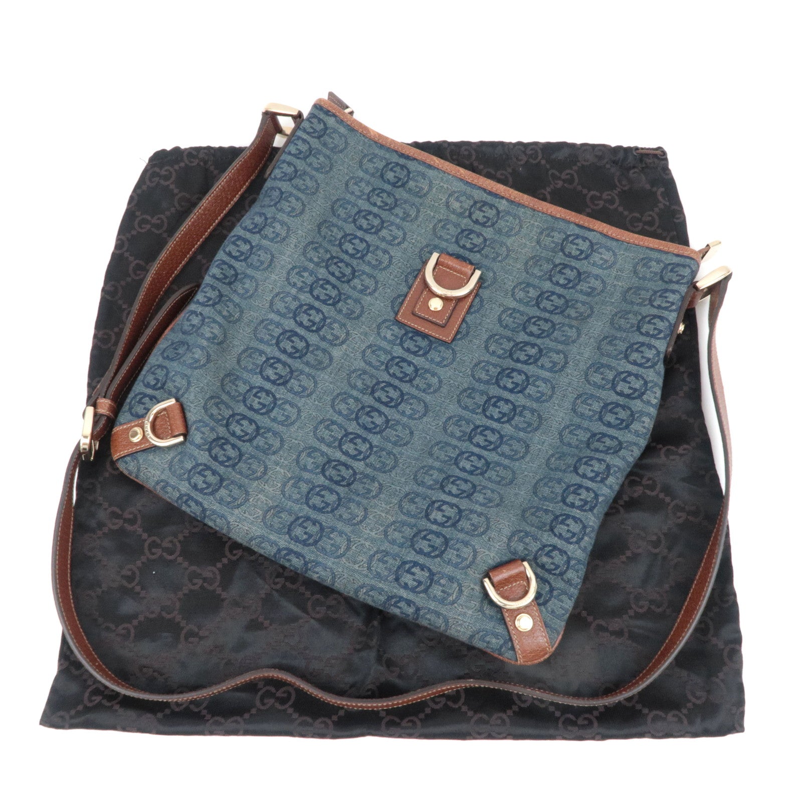 GUCCI Abby Interlocking G Denim Leather Shoulder Bag Blue Brown 131326