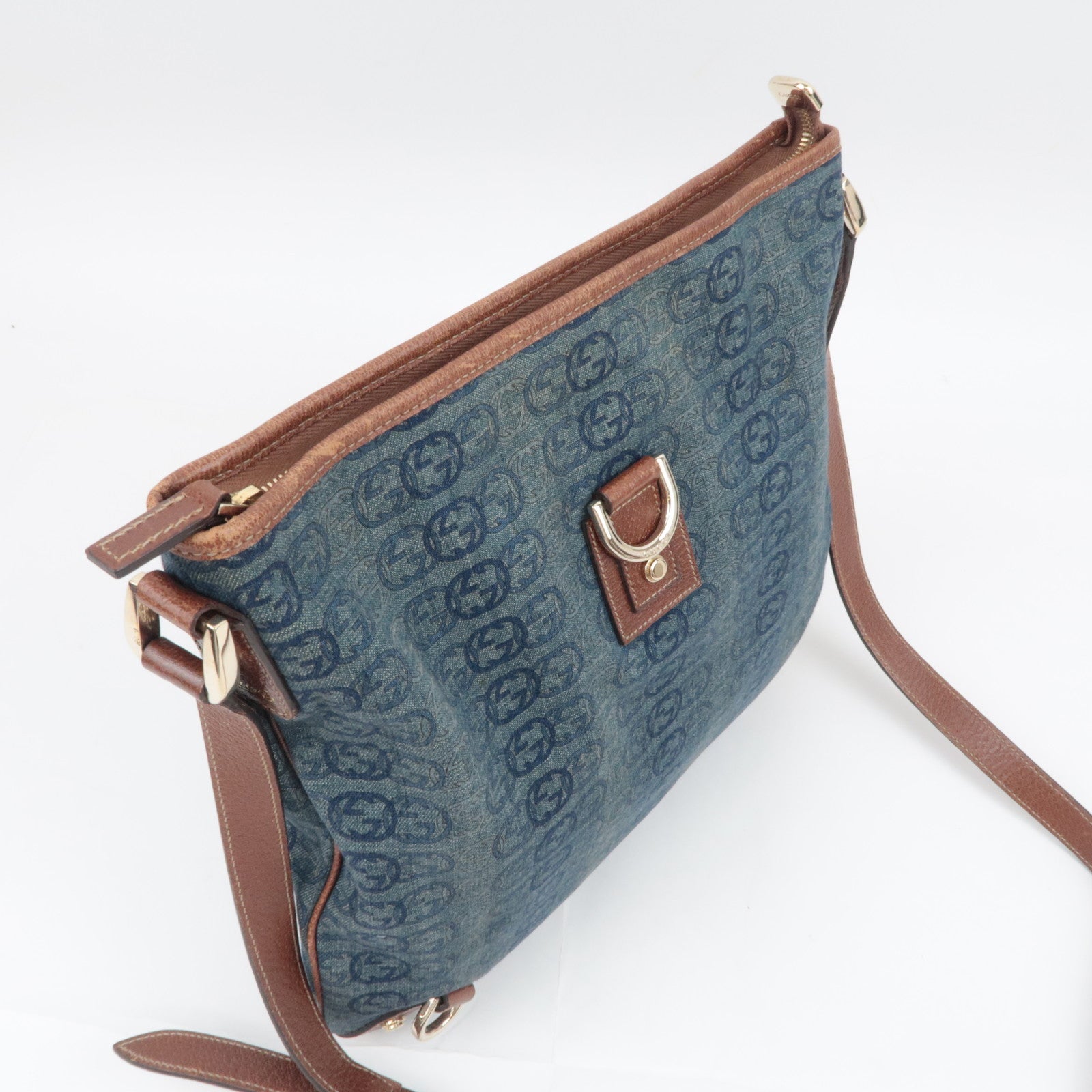 GUCCI Abby Interlocking G Denim Leather Shoulder Bag Blue Brown 131326