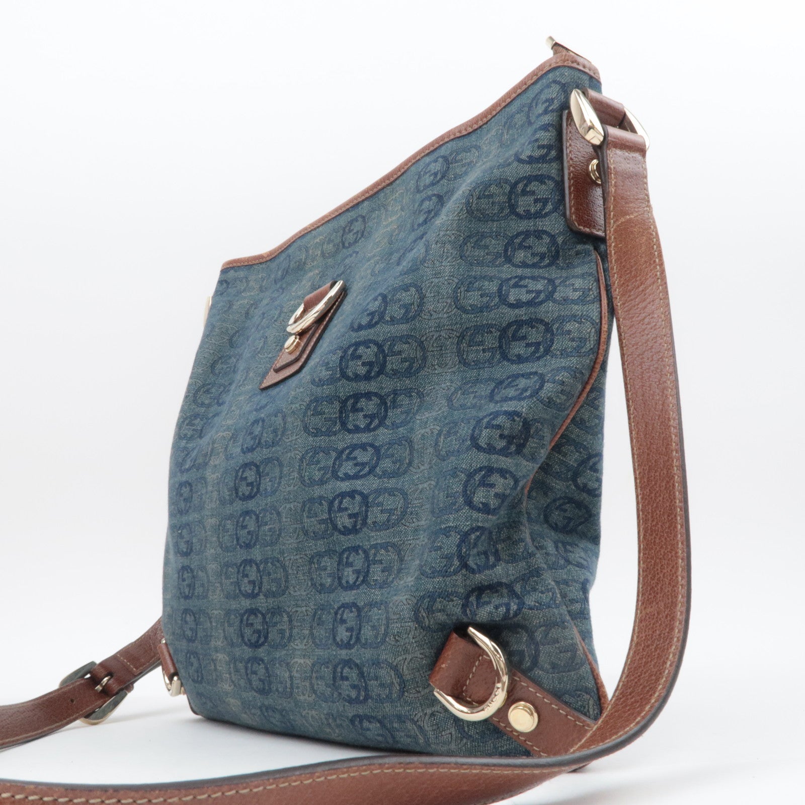 GUCCI Abby Interlocking G Denim Leather Shoulder Bag Blue Brown 131326