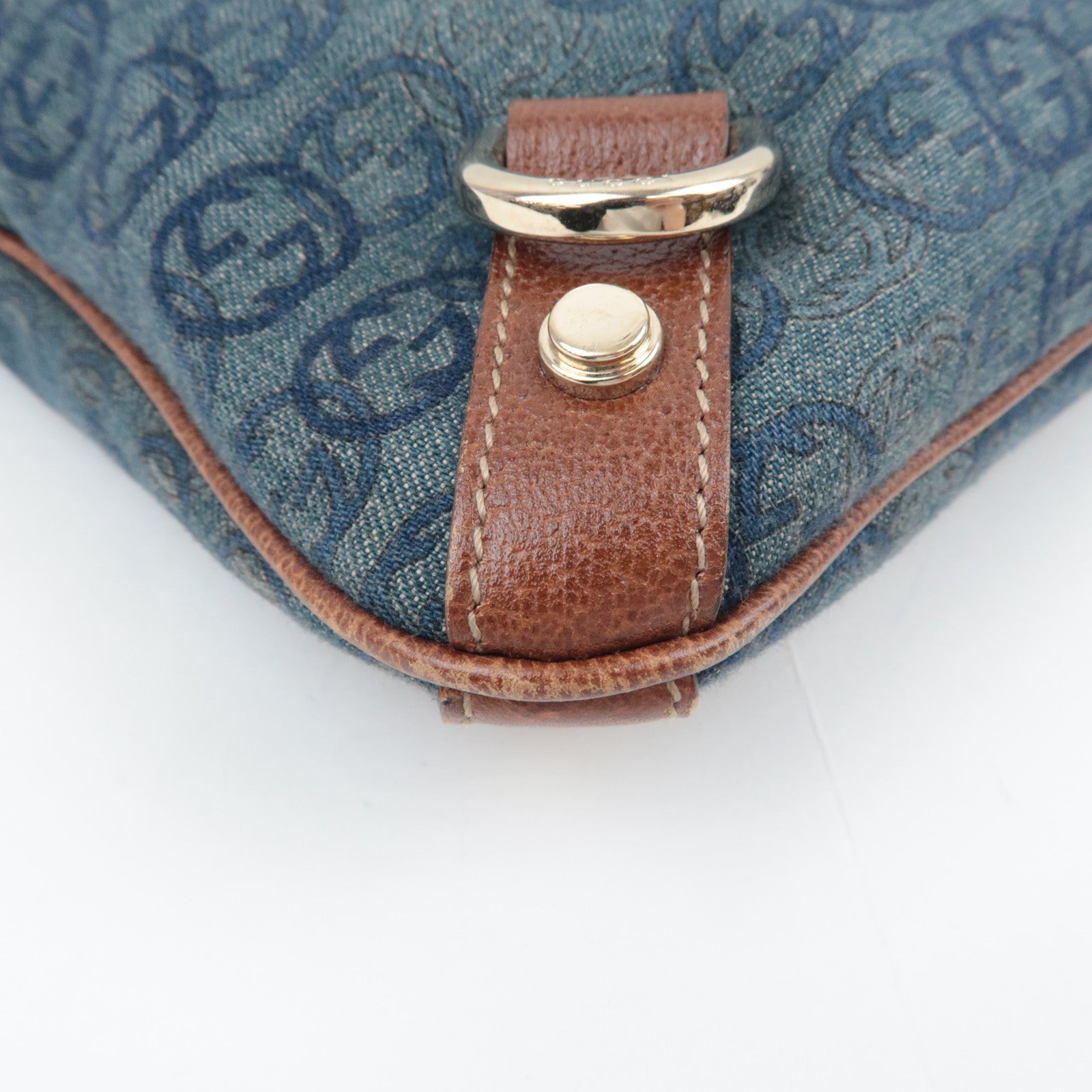 GUCCI Abby Interlocking G Denim Leather Shoulder Bag Blue Brown 131326