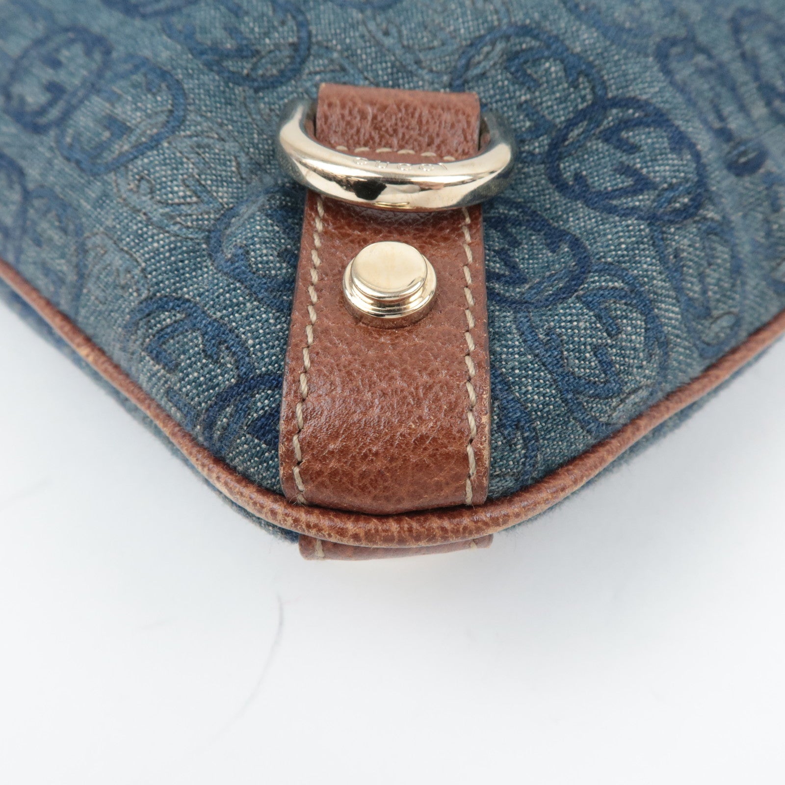GUCCI Abby Interlocking G Denim Leather Shoulder Bag Blue Brown 131326