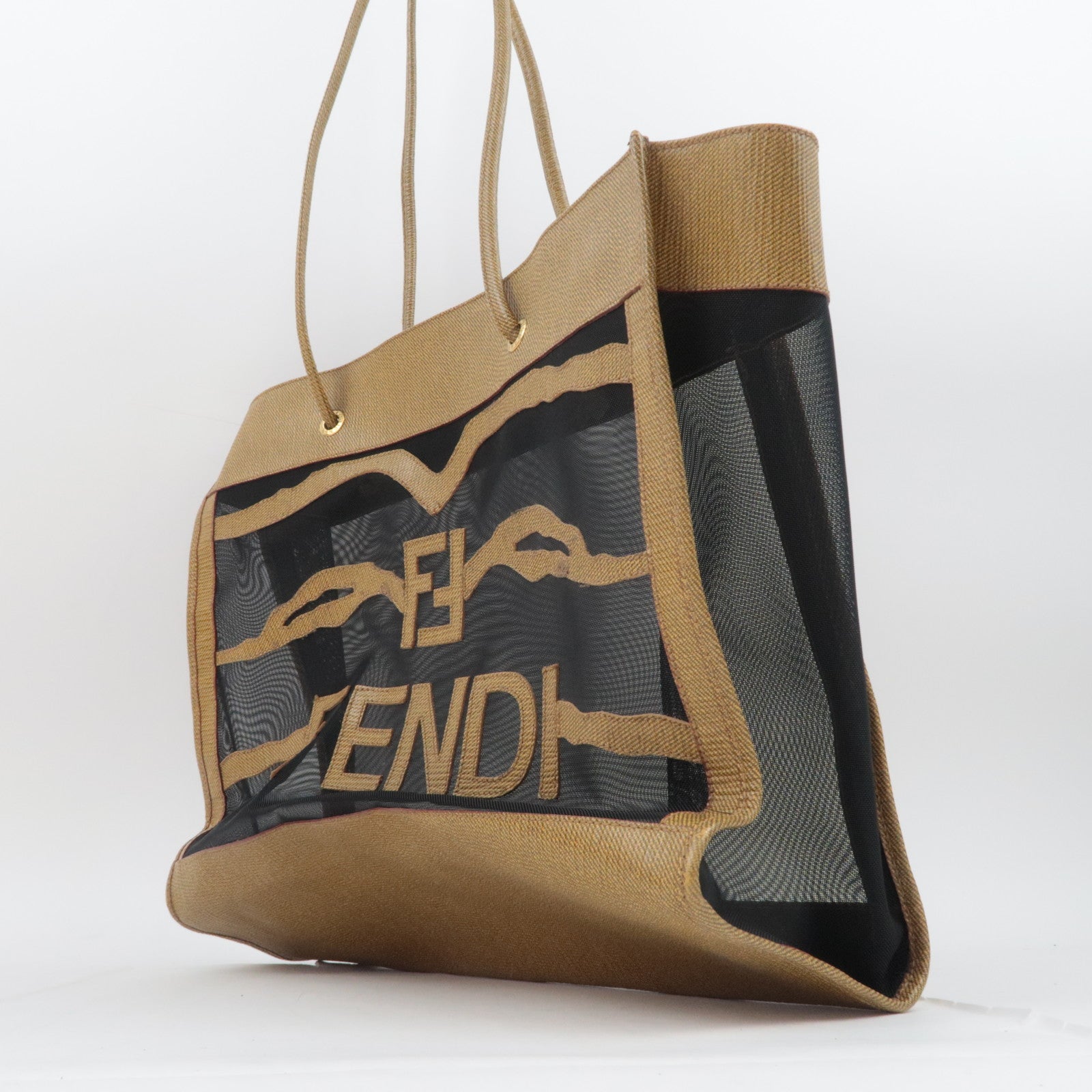 FENDI PVC Mesh Tote Bag Light Brown Black