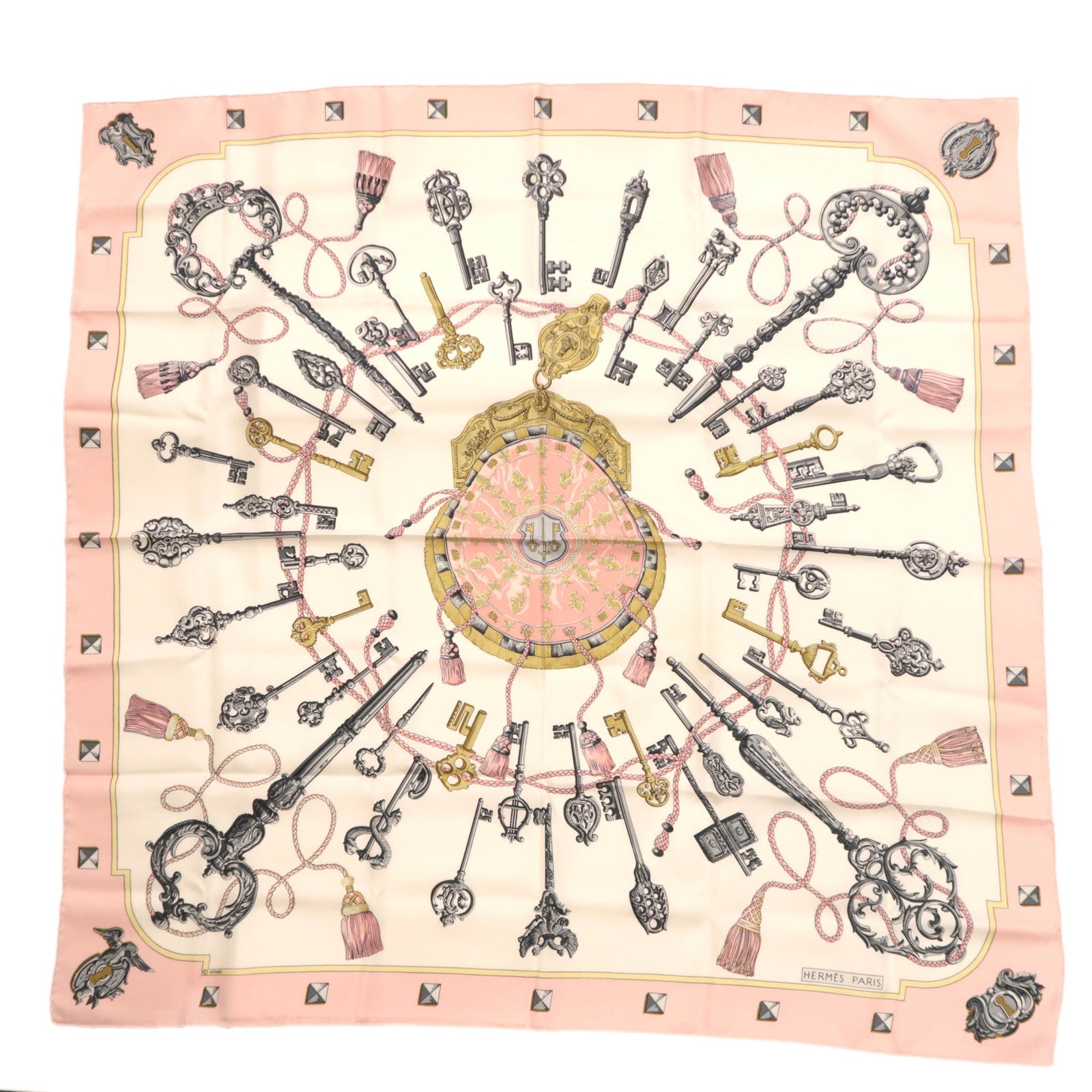 HERMES Carre 90 Scarf LES CLES THE KEYS RARE 100% Silk Pink White89698