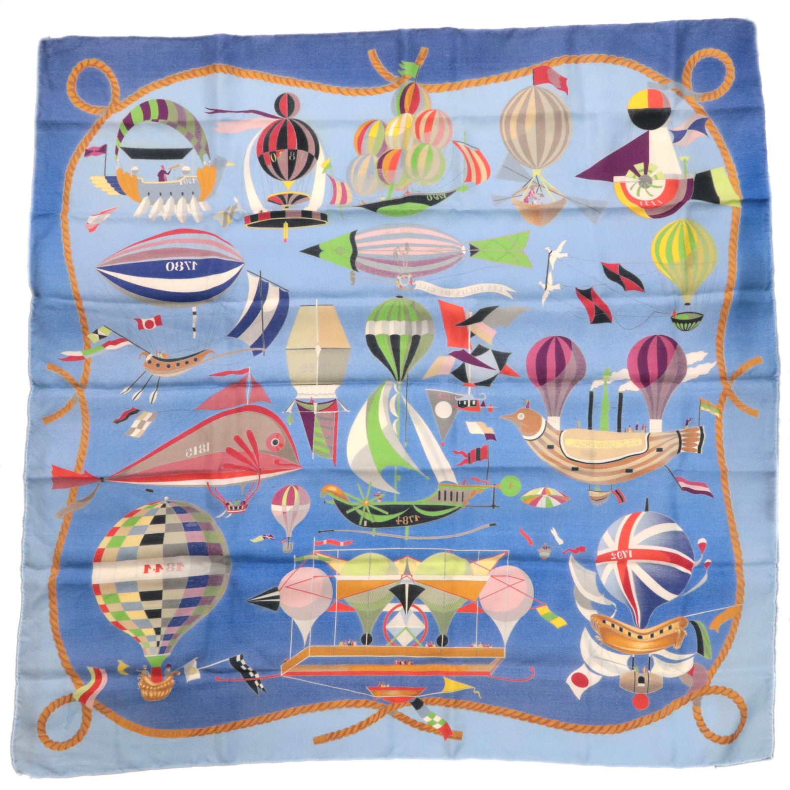 HERMES Carre 90 Scarf LES FOLIES DU CIEL 100% Silk Blue