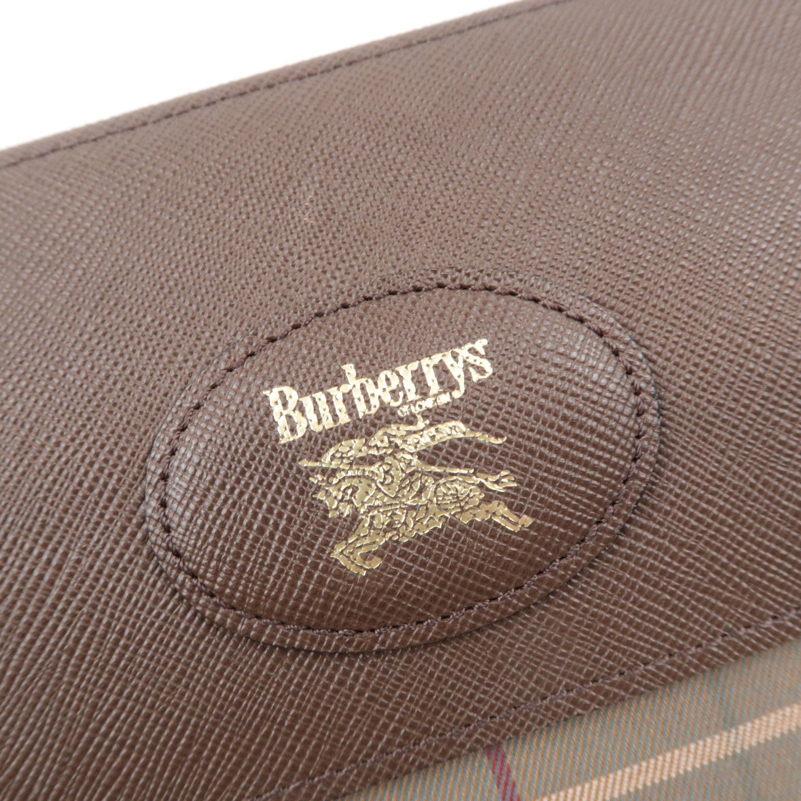 BURBERRY burberrys Plaid Canvas Leather Clutch Bag Khaki Brown
