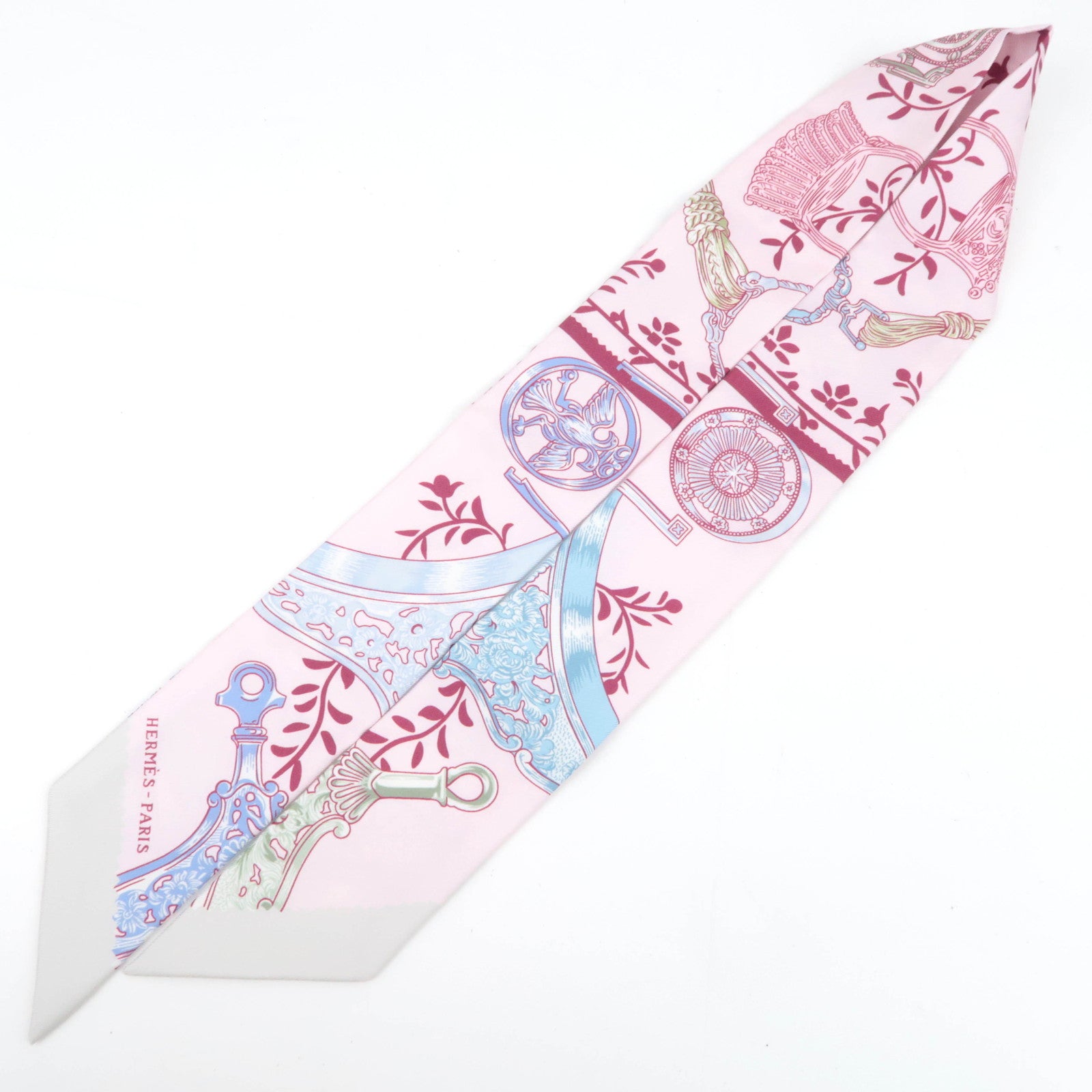 HERMES Twilly Scarf Etriers Remix 100% Silk Pink