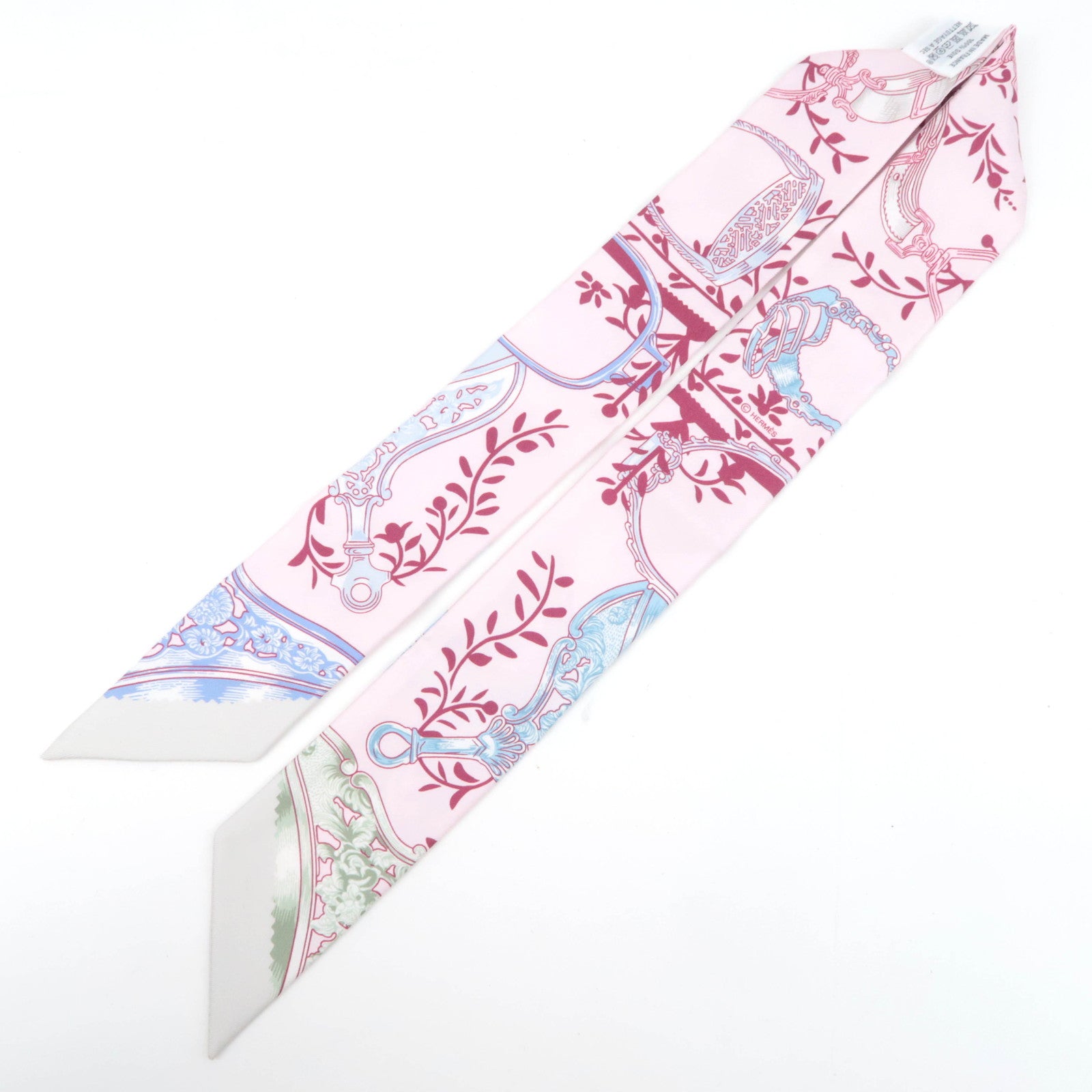 HERMES Twilly Scarf Etriers Remix 100% Silk Pink