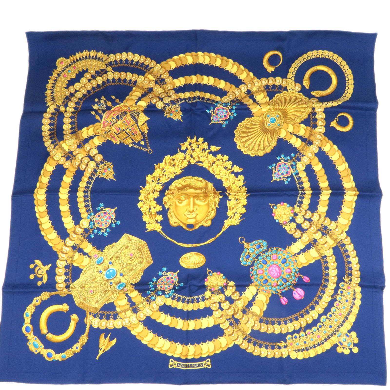 HERMES Carre 90 Scarf KOSMIMA 100% Silk Navy89783