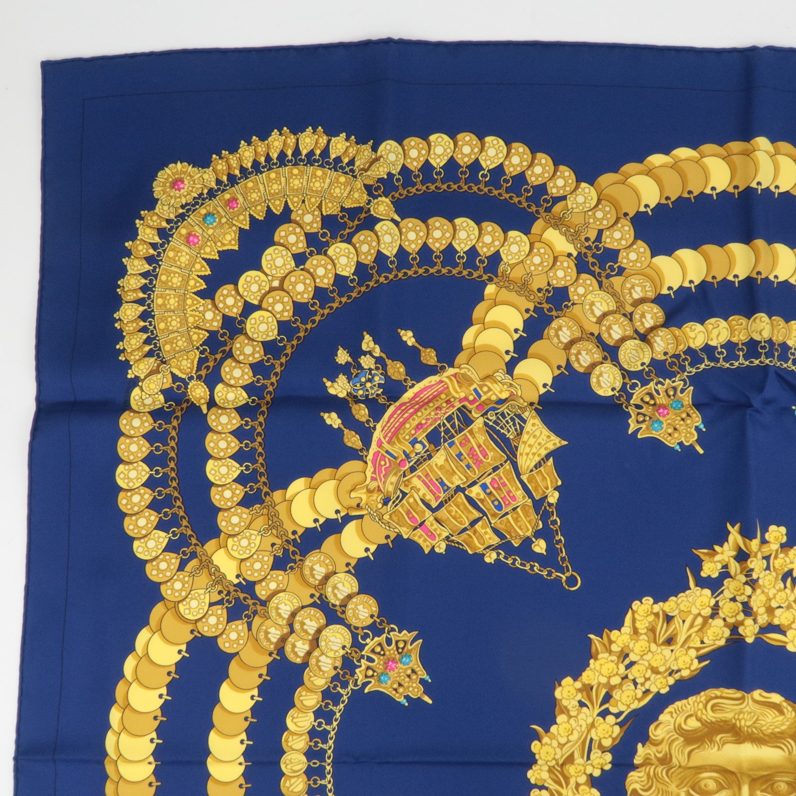 HERMES Carre 90 Scarf KOSMIMA 100% Silk Navy