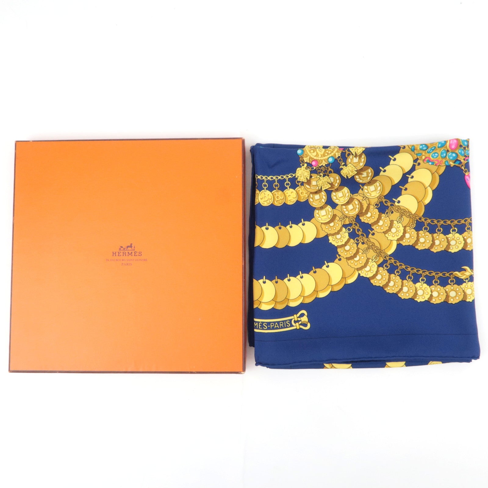 HERMES Carre 90 Scarf KOSMIMA 100% Silk Navy