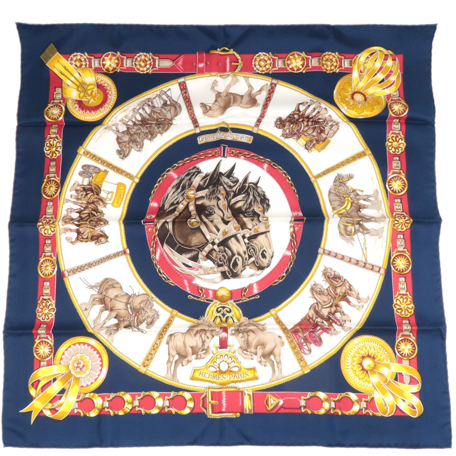 HERMES Carre 90 Scarf CHEVAUX DE TRAIT 100% Silk Navy White Red89784