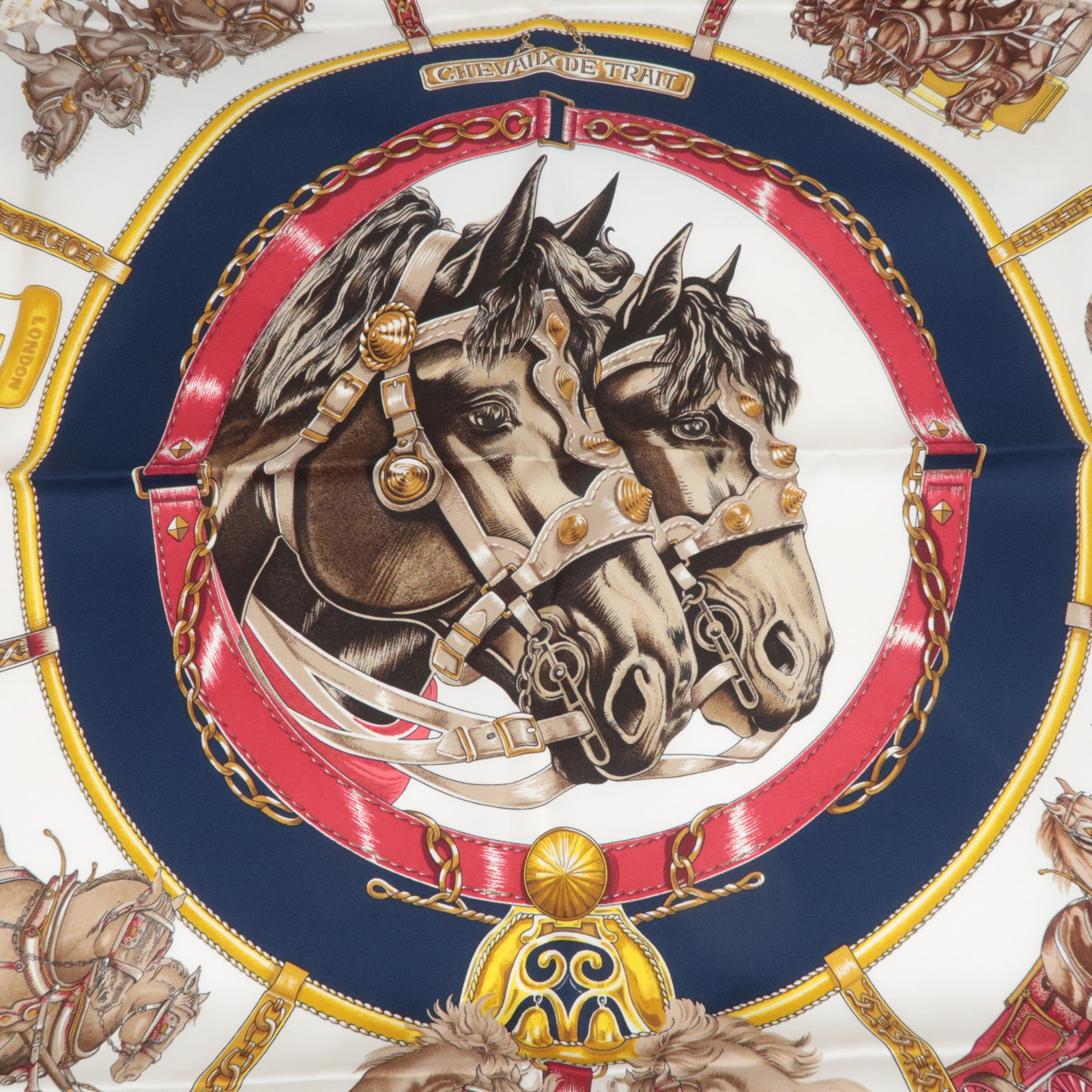 HERMES Carre 90 Scarf CHEVAUX DE TRAIT 100% Silk Navy White Red