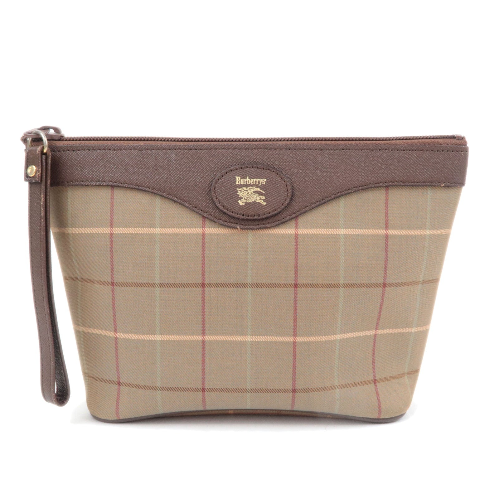 BURBERRY burberrys Plaid Canvas Leather Clutch Bag Khaki Brown89789