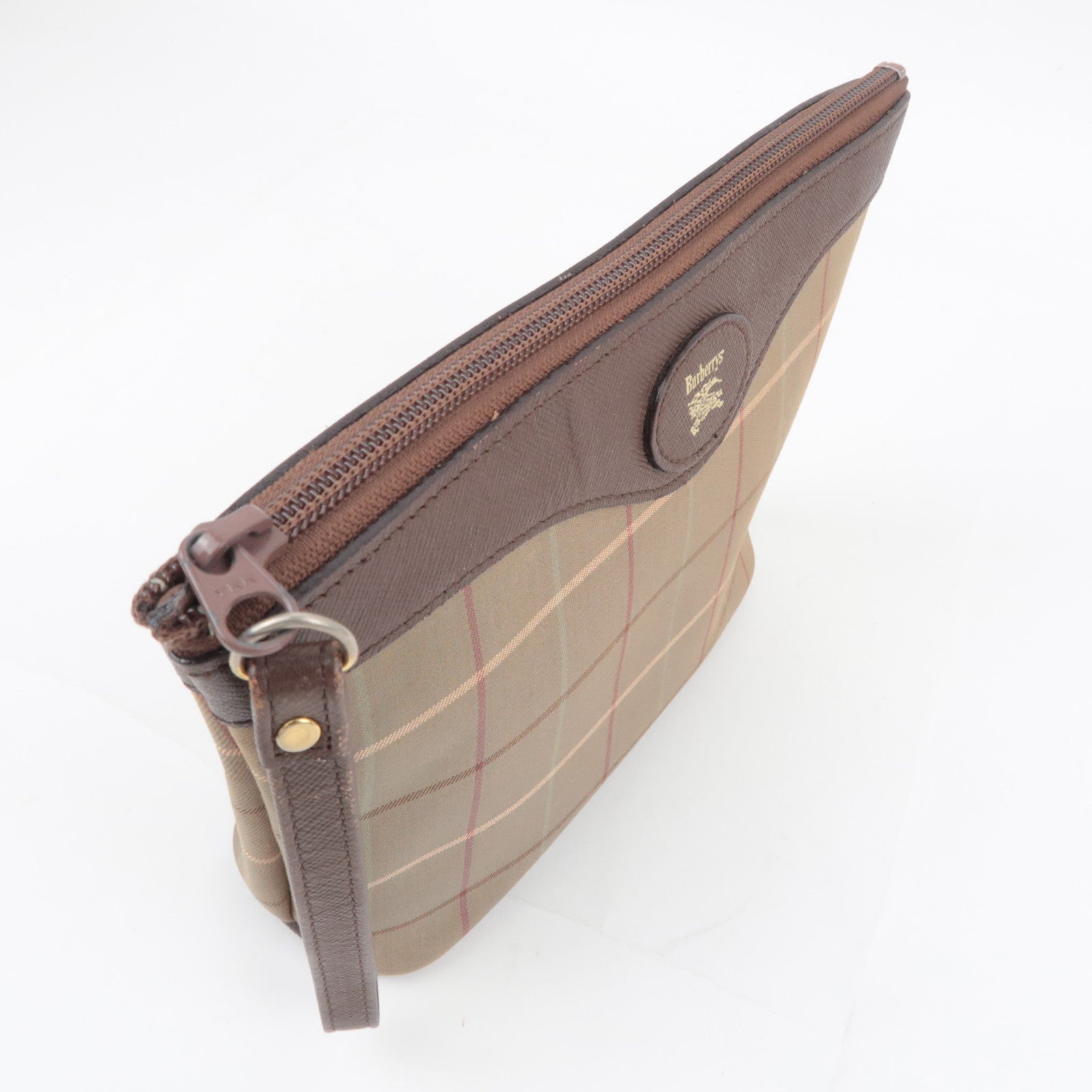 BURBERRY burberrys Plaid Canvas Leather Clutch Bag Khaki Brown