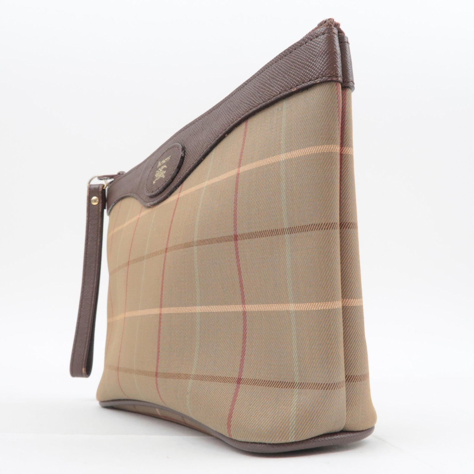 BURBERRY burberrys Plaid Canvas Leather Clutch Bag Khaki Brown