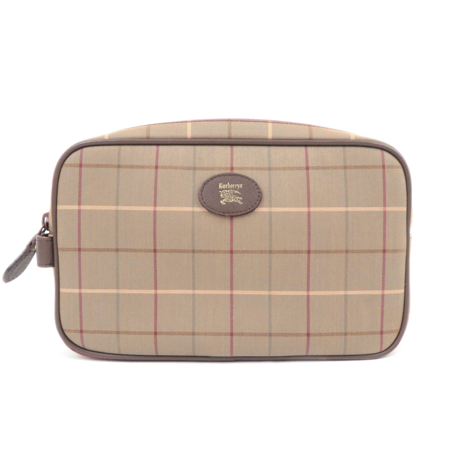 BURBERRY burberrys Plaid Canvas Leather Clutch Bag Khaki Brown89790