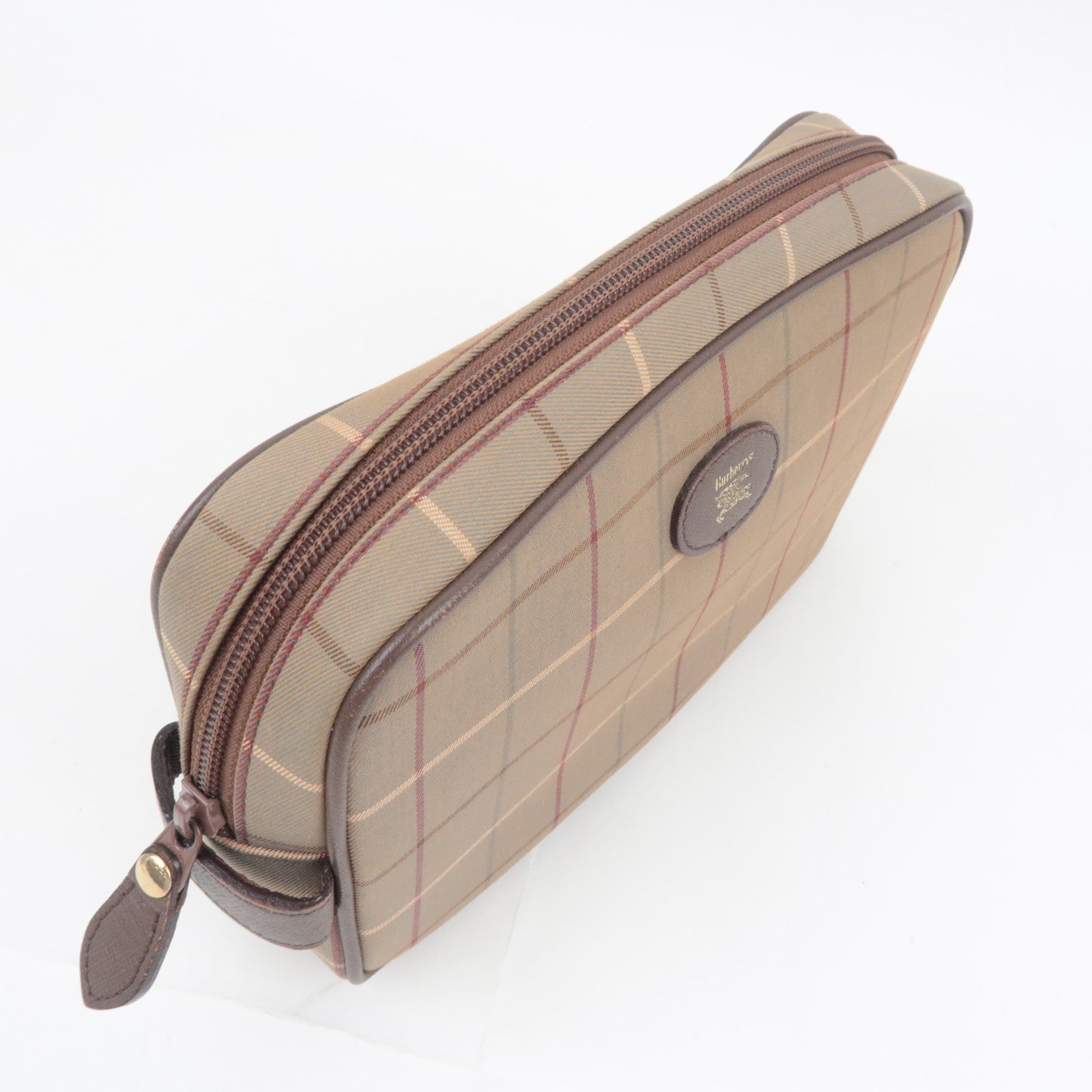 BURBERRY burberrys Plaid Canvas Leather Clutch Bag Khaki Brown