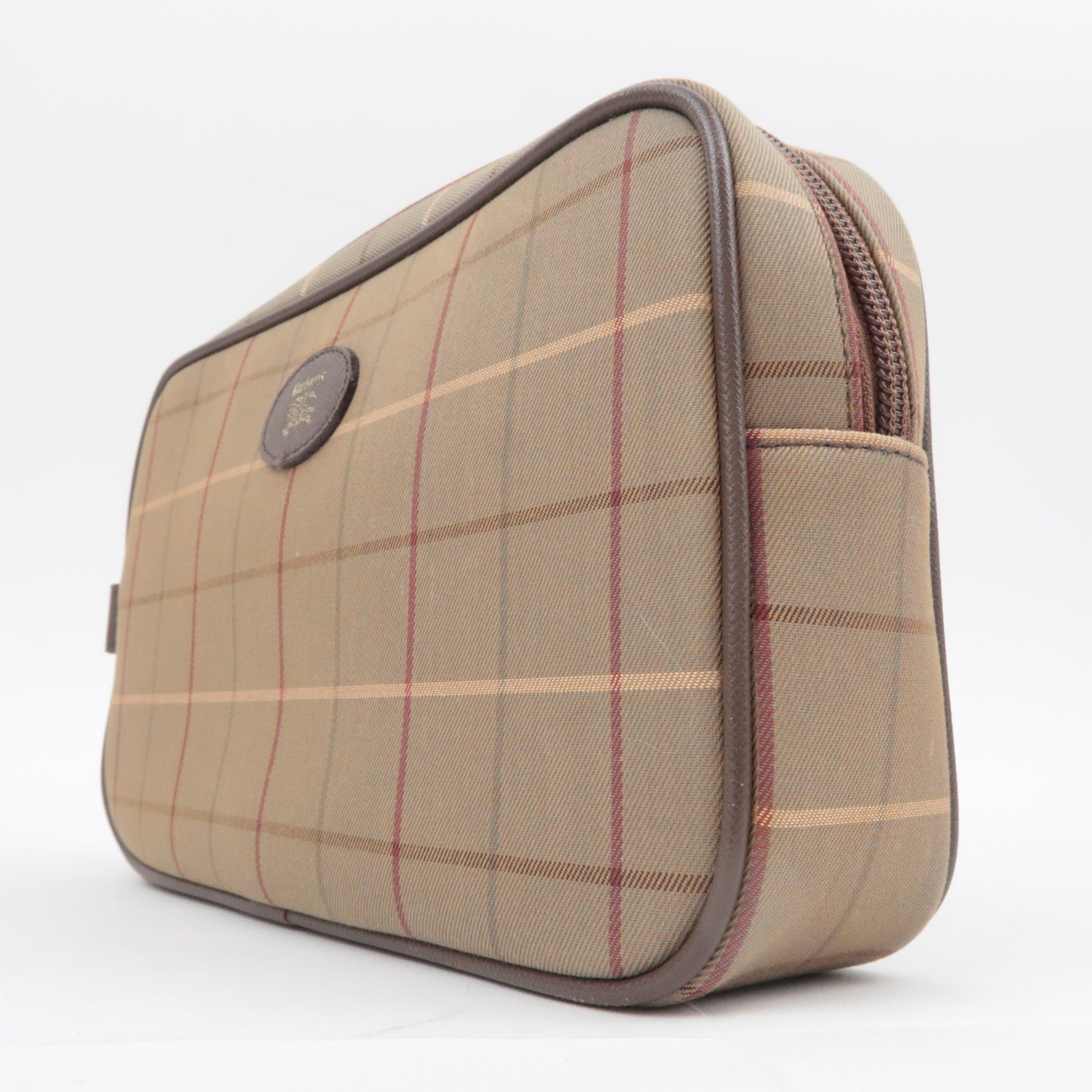 BURBERRY burberrys Plaid Canvas Leather Clutch Bag Khaki Brown