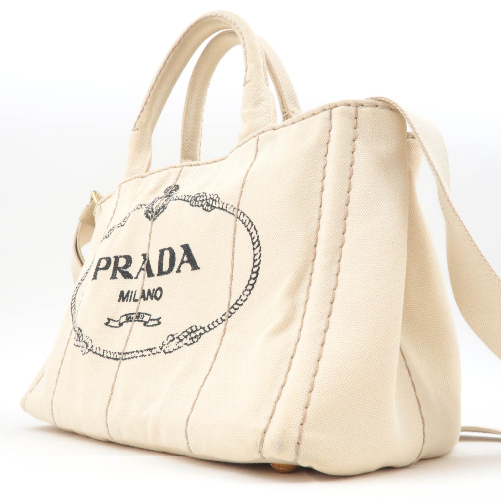 PRADA Canapa Mini 2Way Canvas Tote Bag Beige B2439G