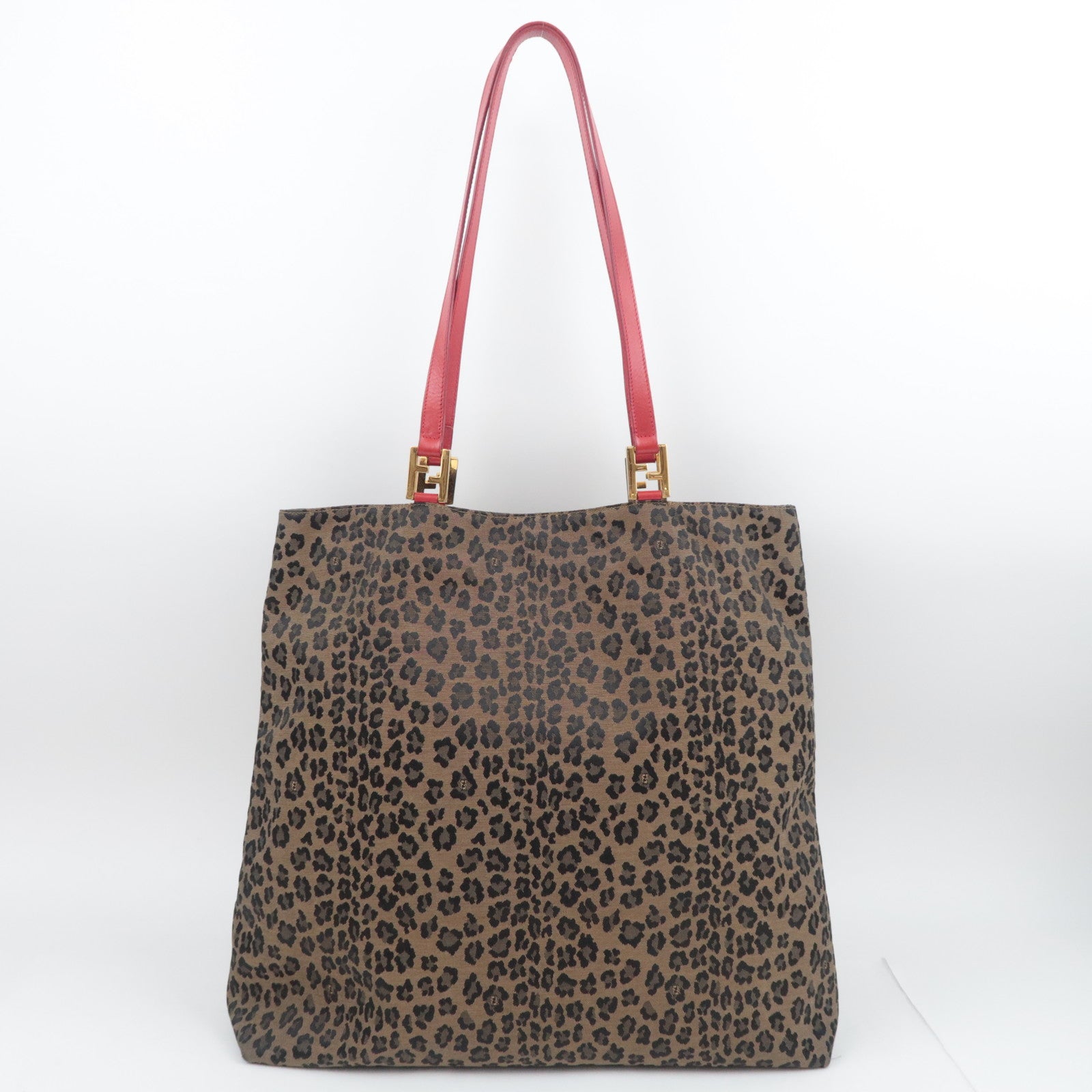 FENDI Leopard Print Canvas Leather Tote Bag Brown Red 26354