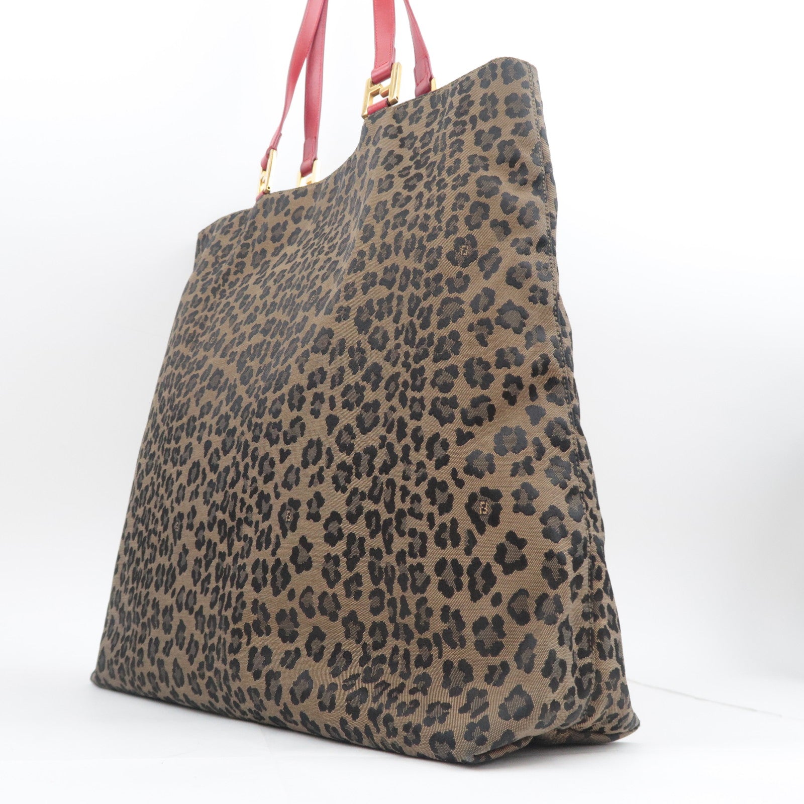 FENDI Leopard Print Canvas Leather Tote Bag Brown Red 26354