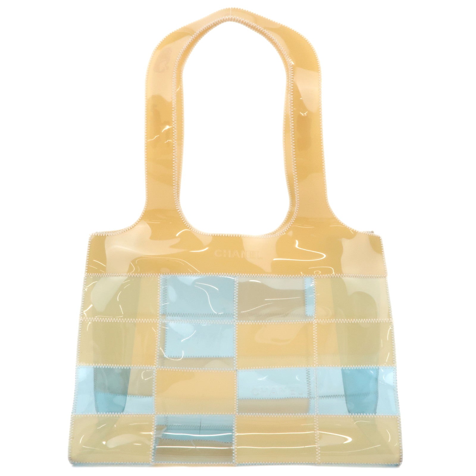 CHANEL Chocolate Bar Vinyl Tote Bag Beige Blue89812