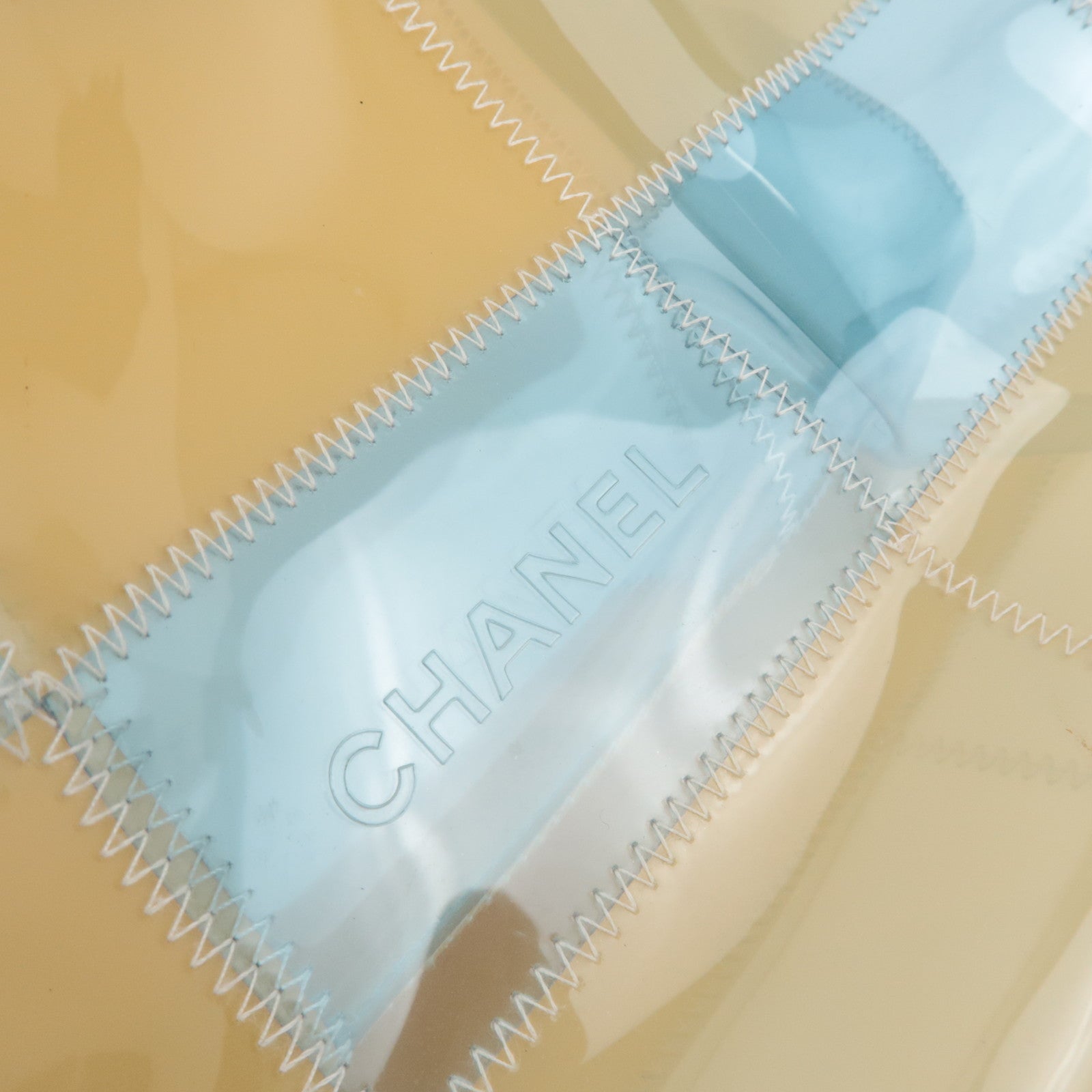 CHANEL Chocolate Bar Vinyl Tote Bag Beige Blue