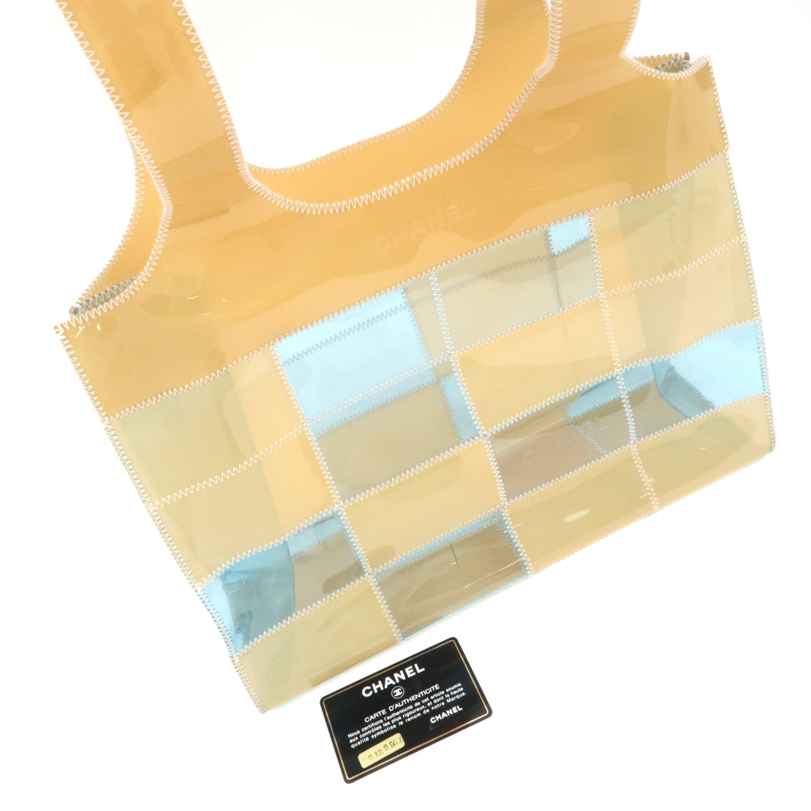 CHANEL Chocolate Bar Vinyl Tote Bag Beige Blue