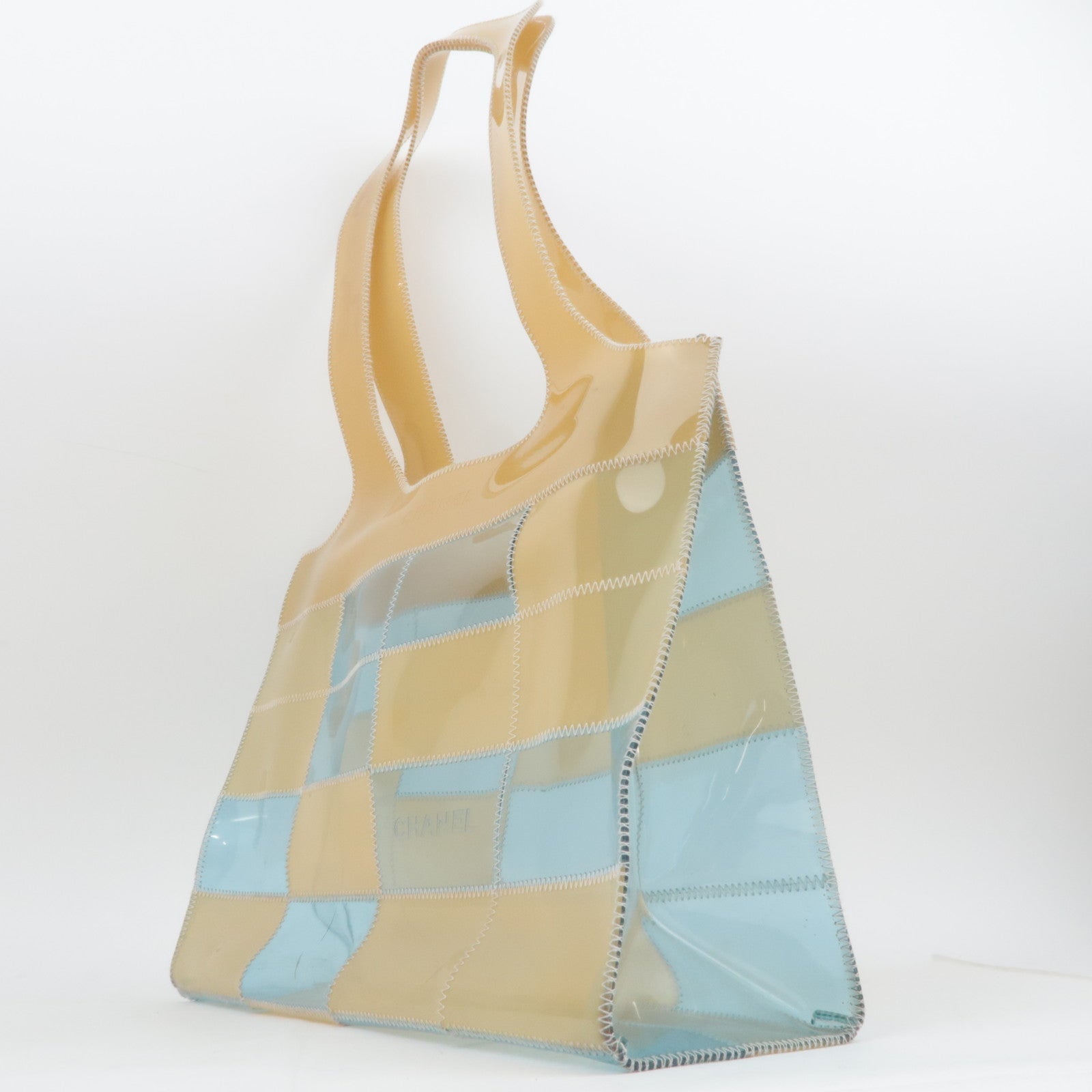 CHANEL Chocolate Bar Vinyl Tote Bag Beige Blue
