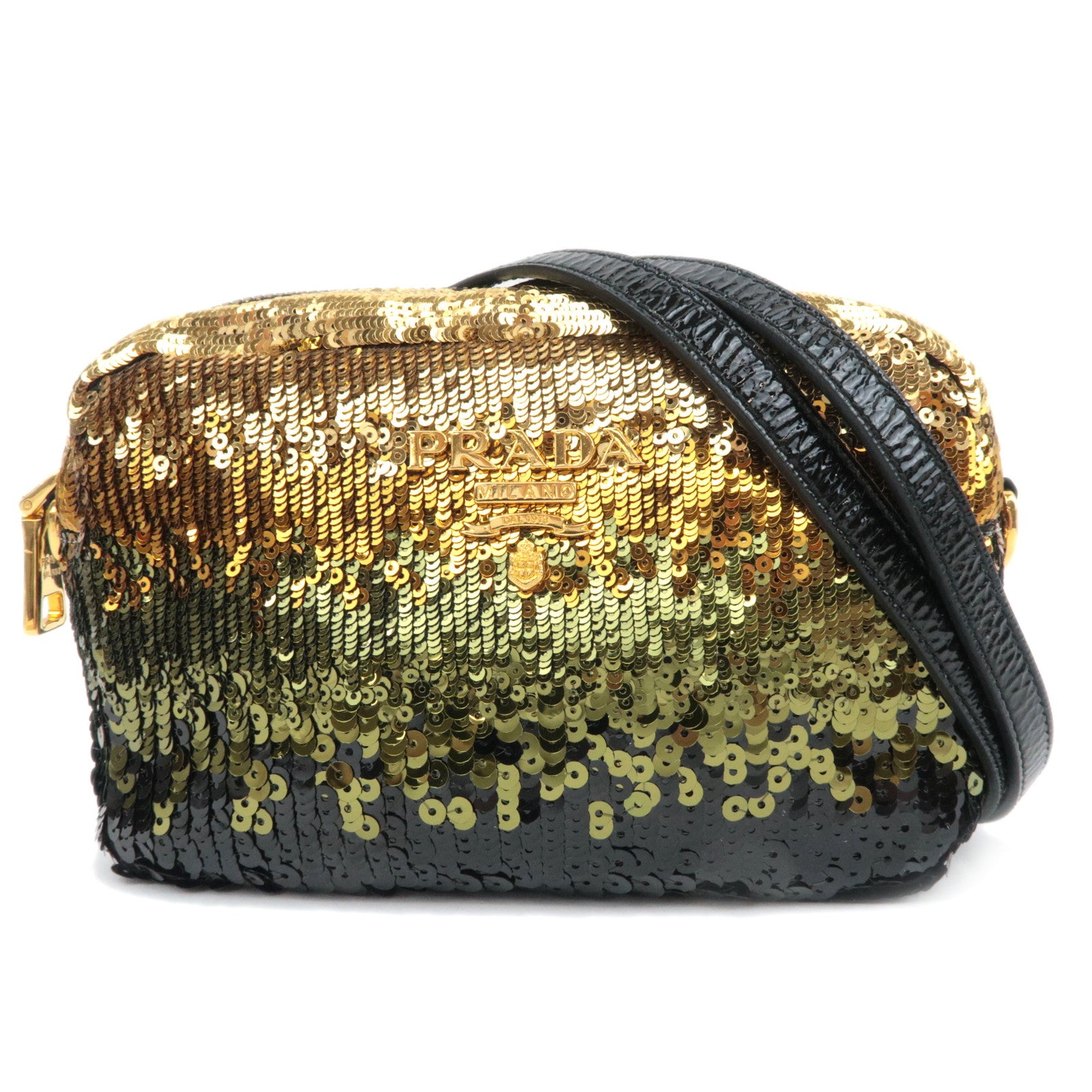 PRADA Sequins Patent Shoulder Bag Gold Green Black BP025489893