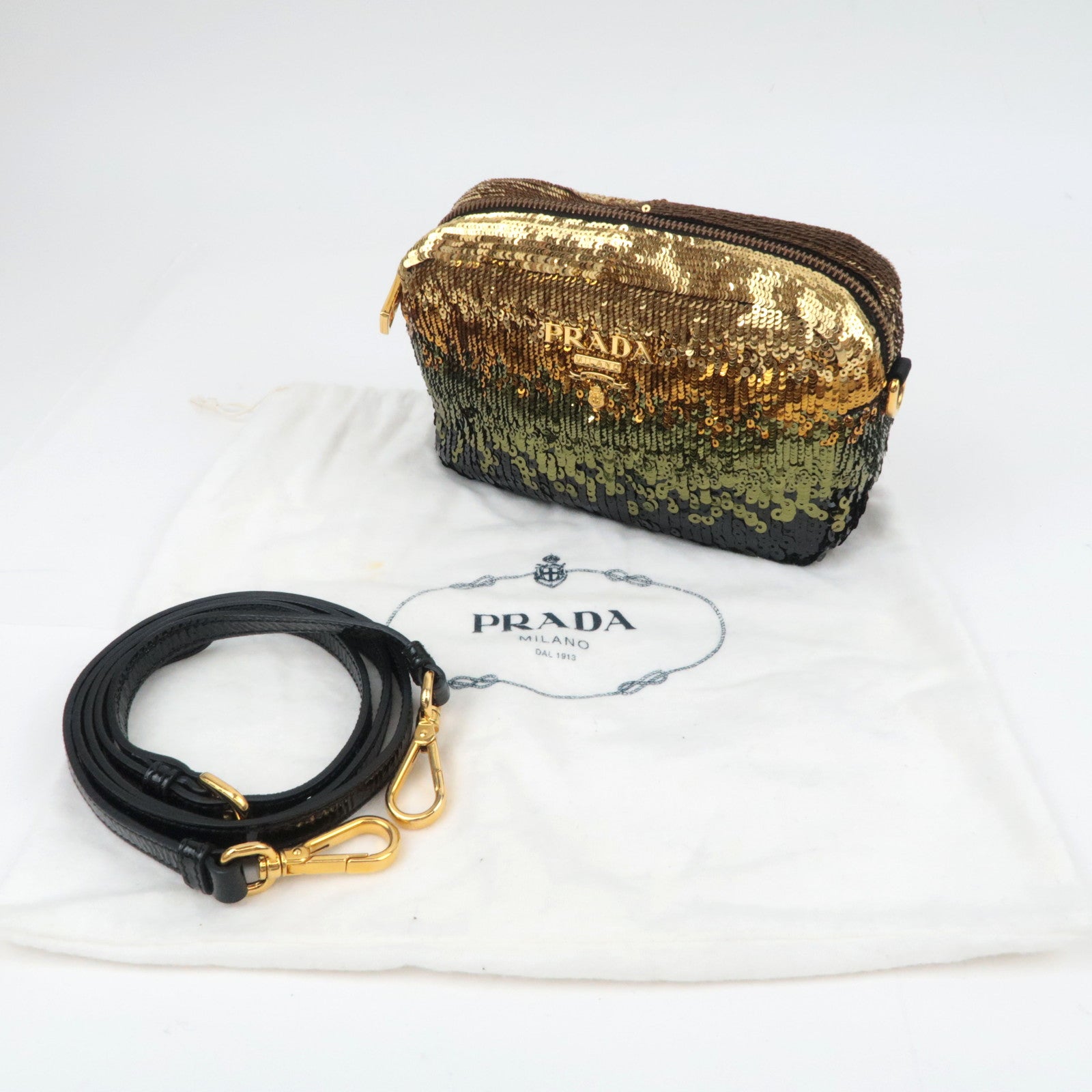 PRADA Sequins Patent Shoulder Bag Gold Green Black BP0254