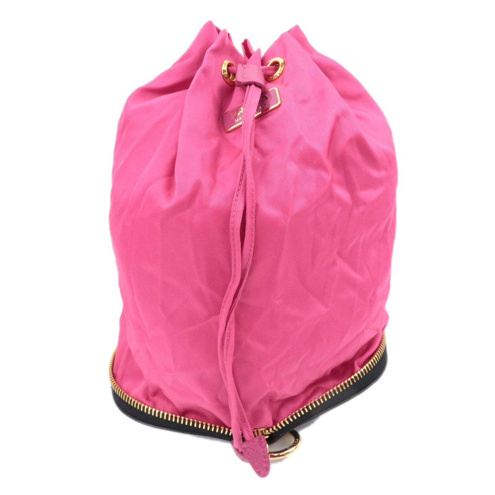 PRADA Nylon Packable Drawstring Bucket Bag Small Leather Pouch Pink Black