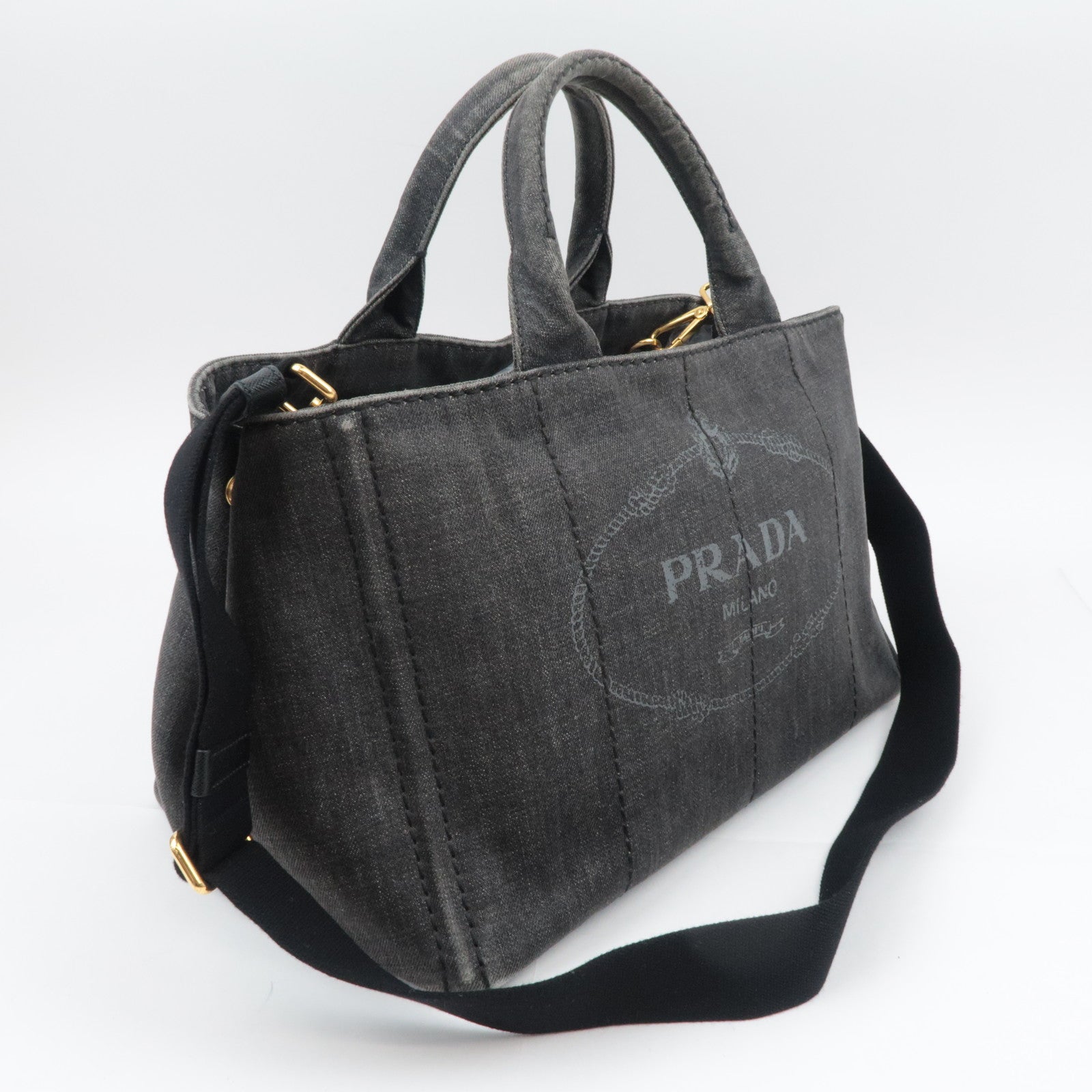 PRADA Canapa Medium 2Way Denim Tote Bag Black 1BG642