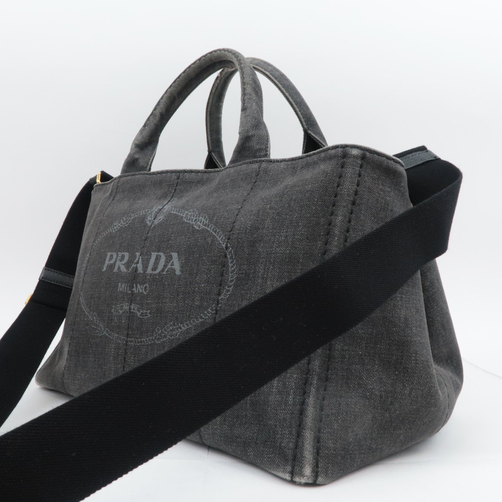 PRADA Canapa Medium 2Way Denim Tote Bag Black 1BG642