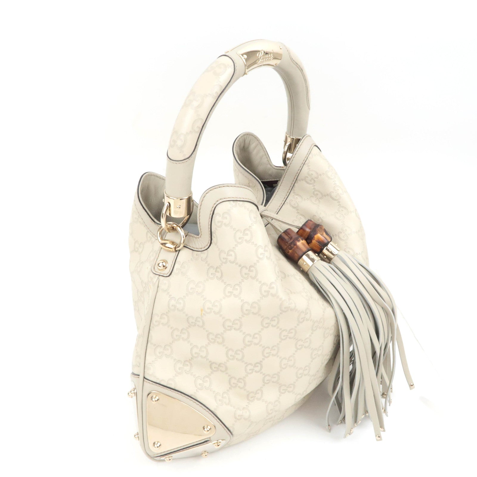 GUCCI Indy Bamboo Tassel Guccissima Leather 2Way Shoulder Bag Ivory 177139