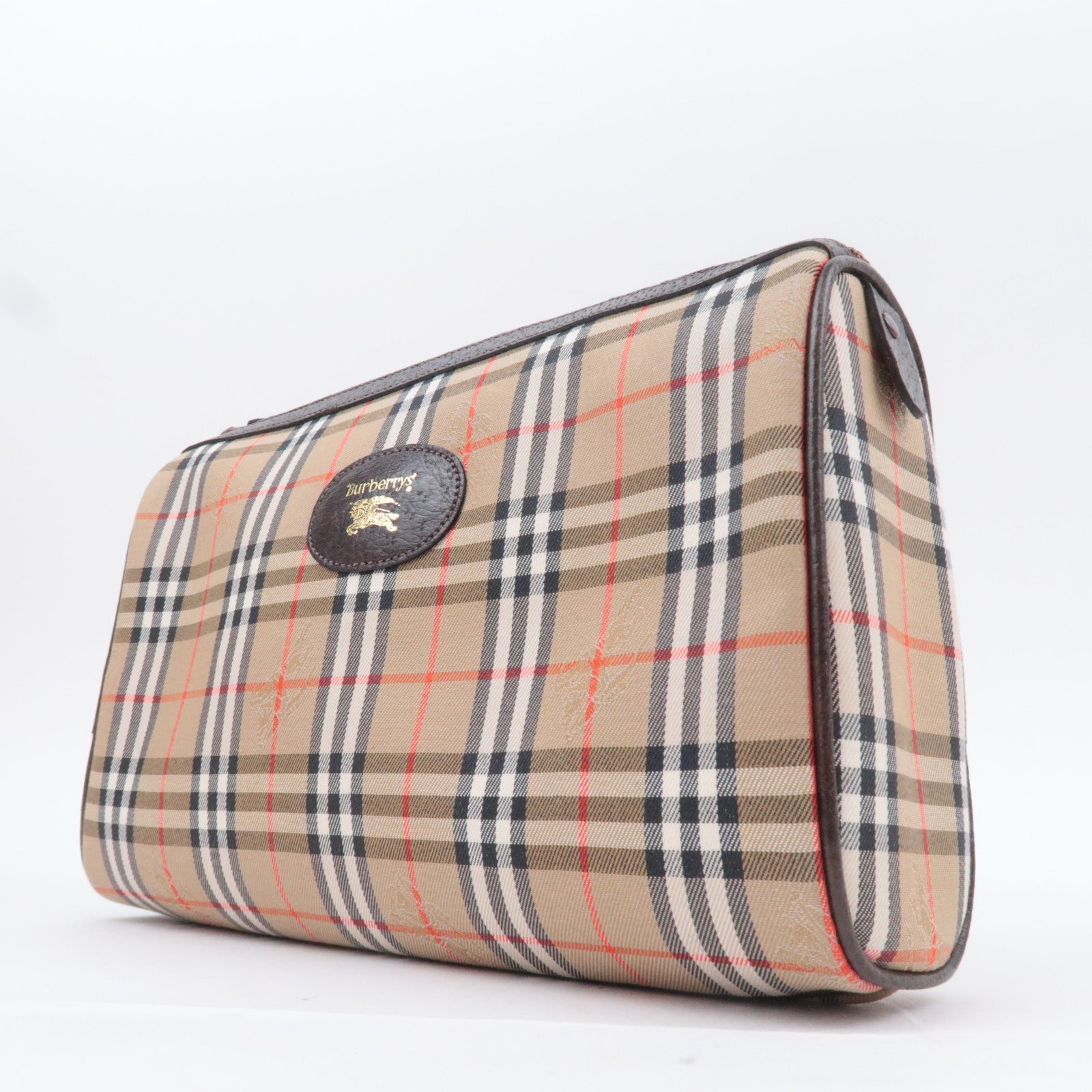 BURBERRY burberrys Nova Plaid Canvas Leather Clutch Bag Beige