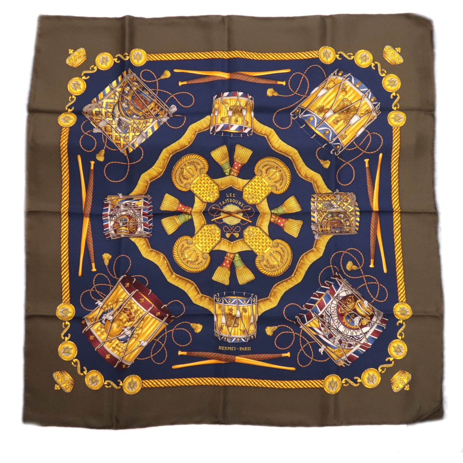 HERMES Carre 90 Scarf LES TAMBOURS 100% Silk Navy Khaki90006