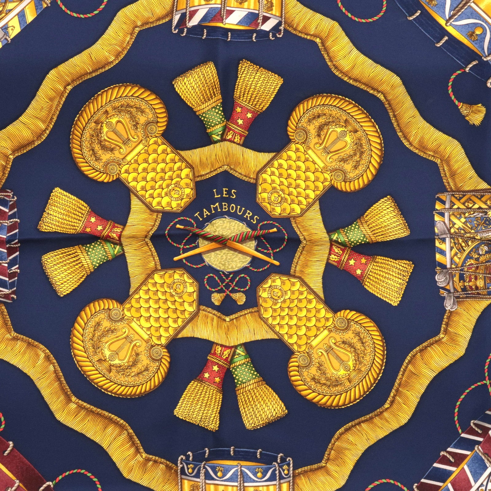HERMES Carre 90 Scarf LES TAMBOURS 100% Silk Navy Khaki