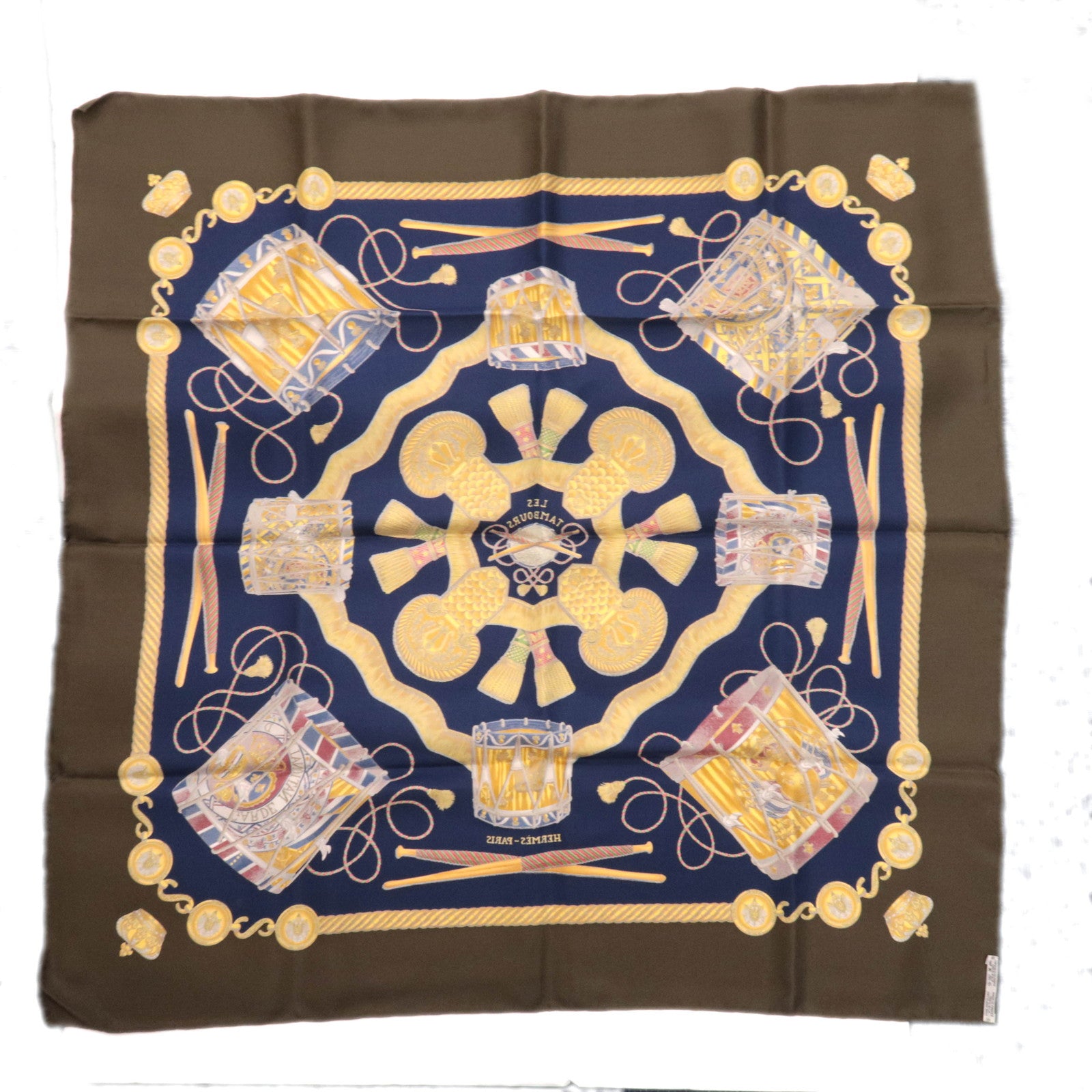 HERMES Carre 90 Scarf LES TAMBOURS 100% Silk Navy Khaki