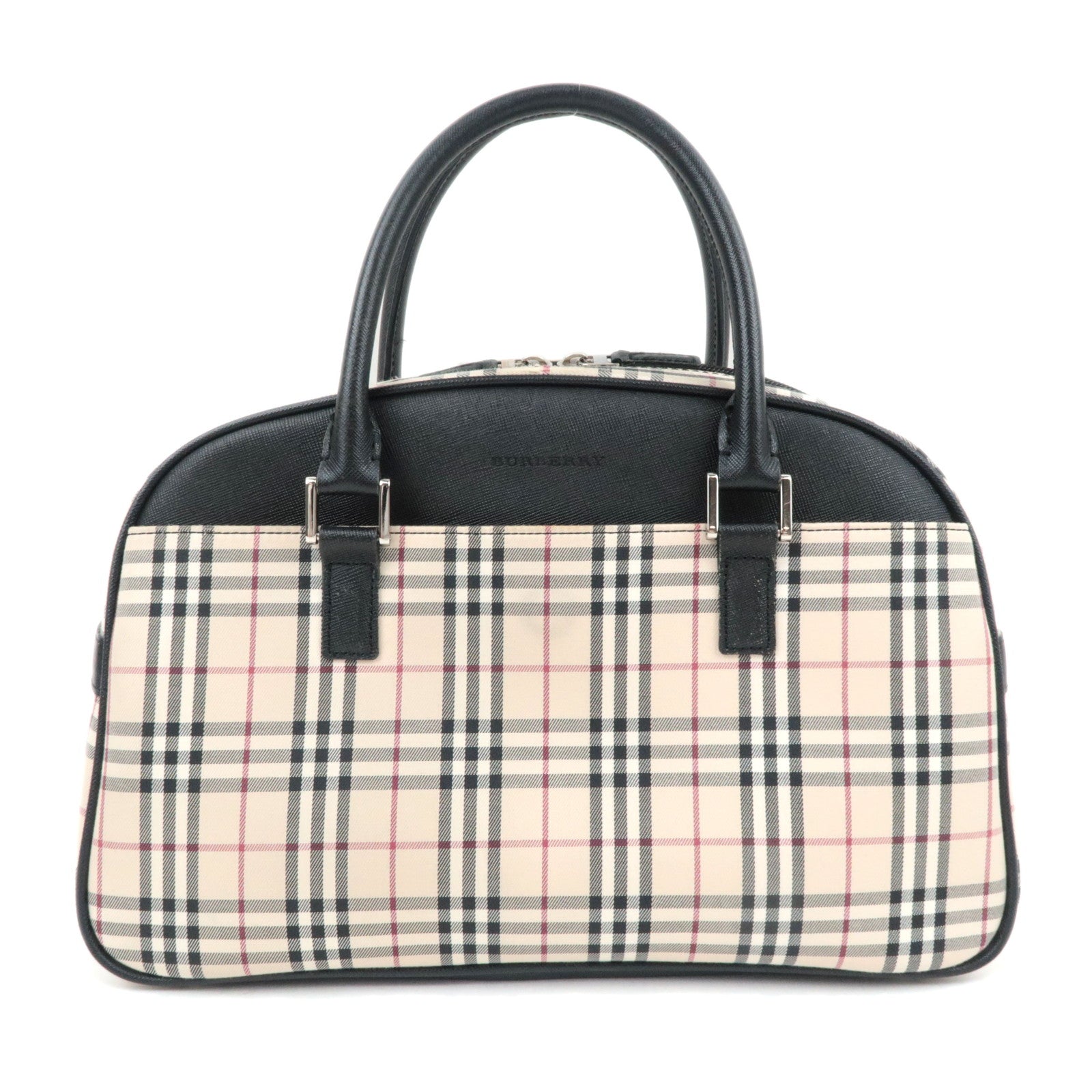 BURBERRY Nova Plaid Canvas Leather Handbag Beige Black90007
