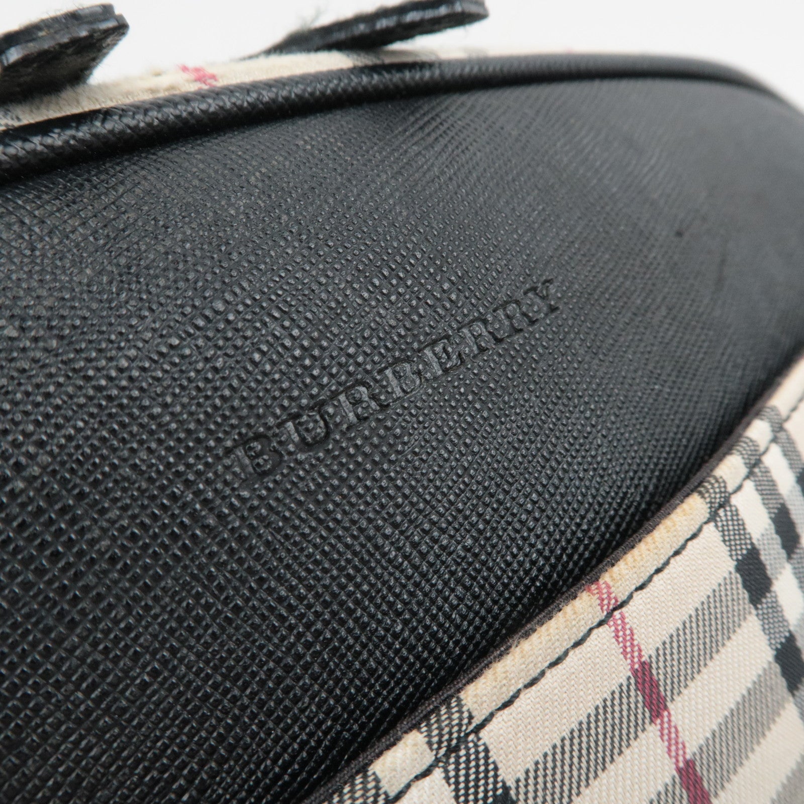 BURBERRY Nova Plaid Canvas Leather Handbag Beige Black
